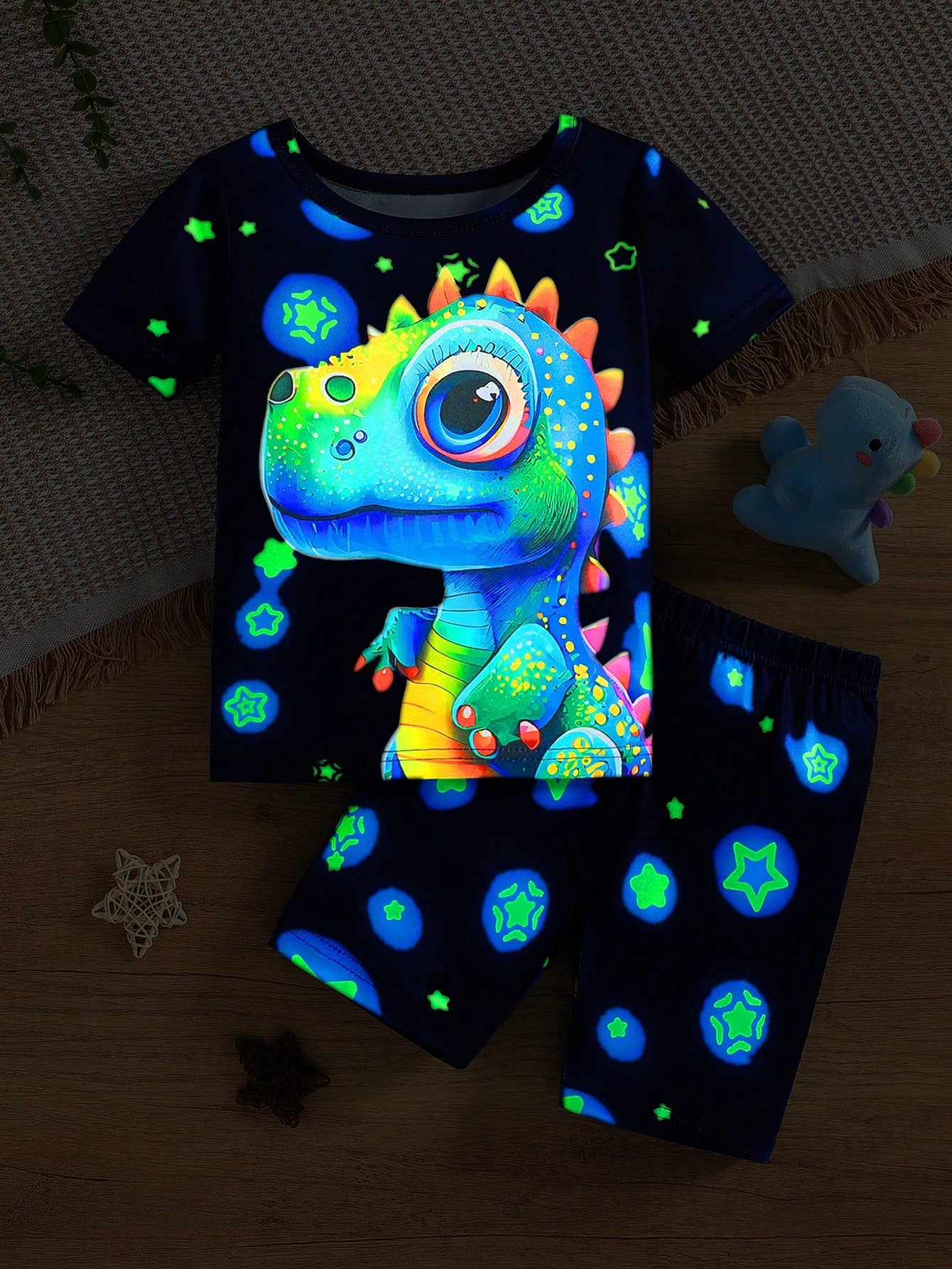 Young Boy Cartoon Print Glow-In-The-Dark Short Sleeve T-Shirt & Shorts Pajama Set,