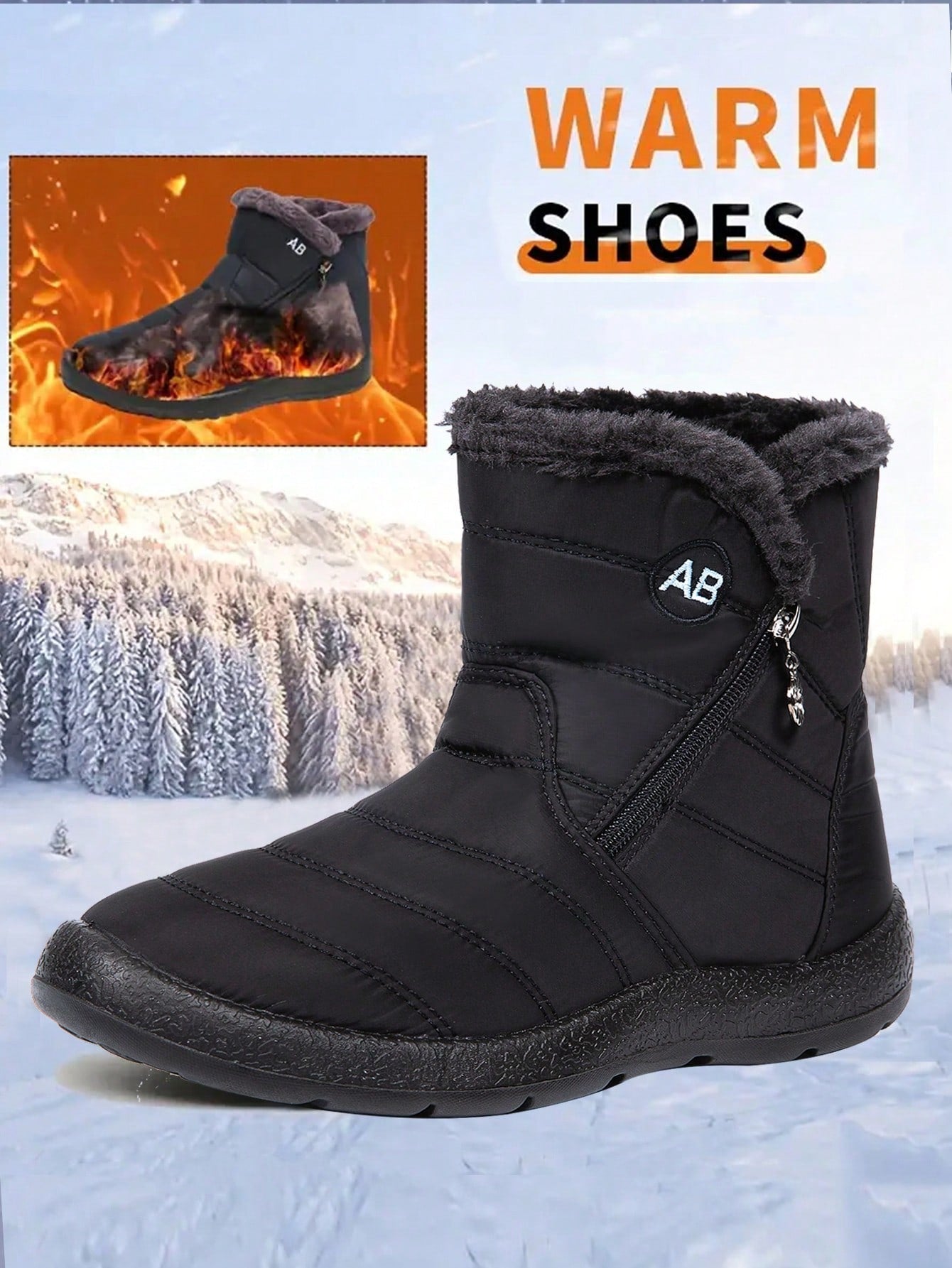 Women's Thick Snow Boots Size 36-44, Short Shaft, Warm Lining, Round Toe, Extra Wide Calf, Waterproof, Non-Slip, Flat, Side Zipper, Outdoor, Grey