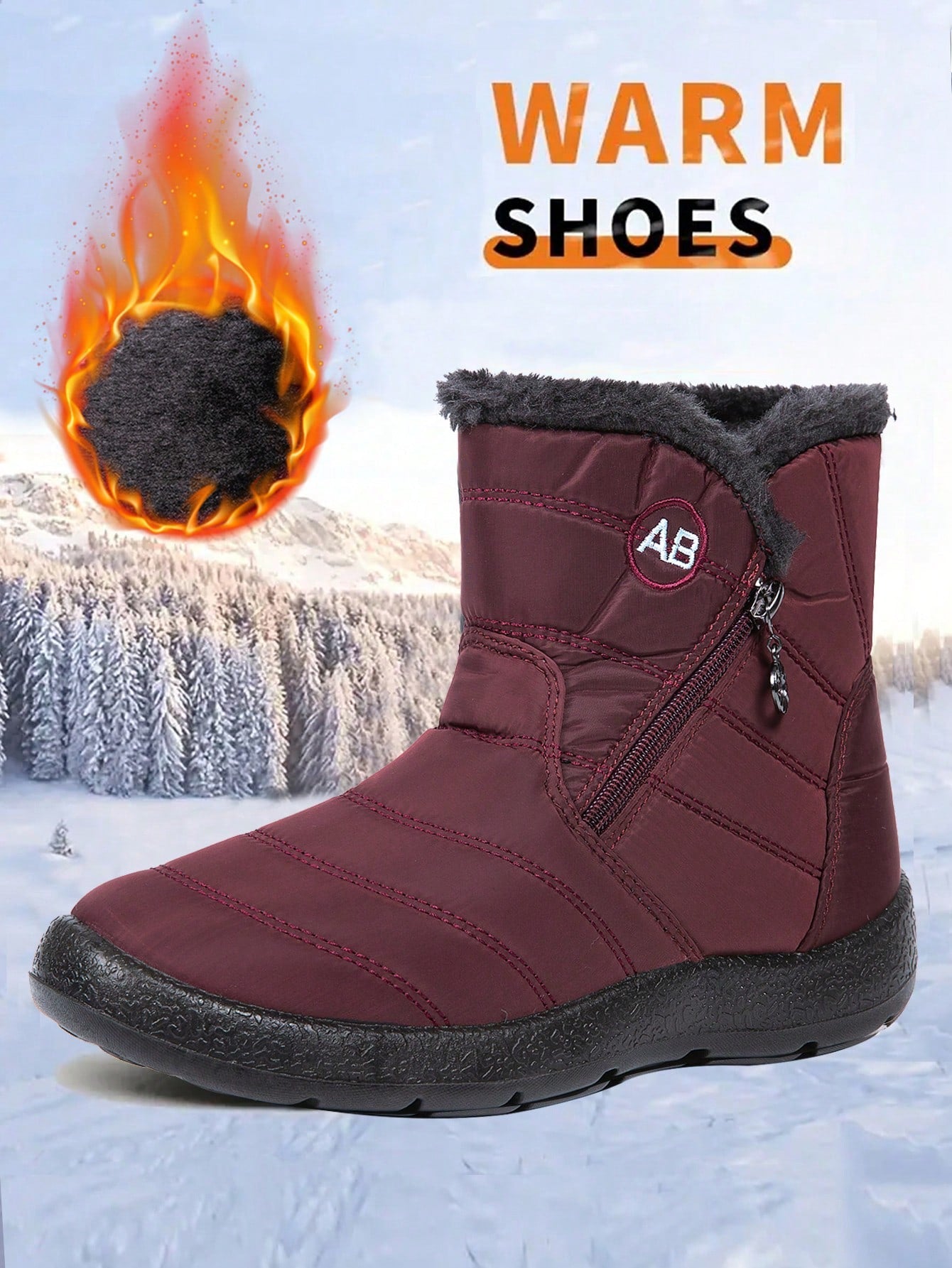 Women's Thick Snow Boots Size 36-44, Short Shaft, Warm Lining, Round Toe, Extra Wide Calf, Waterproof, Non-Slip, Flat, Side Zipper, Outdoor, Grey