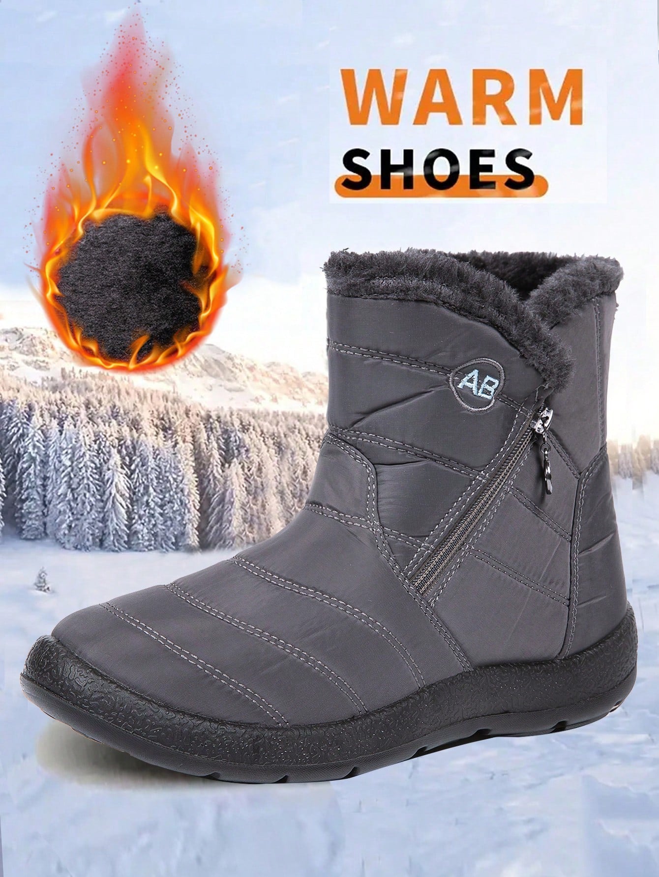 Women's Thick Snow Boots Size 36-44, Short Shaft, Warm Lining, Round Toe, Extra Wide Calf, Waterproof, Non-Slip, Flat, Side Zipper, Outdoor, Grey