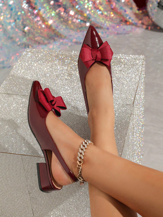 Women French Style Closure Toe Thick Heel Shoes Spring And Summer New Wine Red Retro Back Strap Bow Gentle Style Elegant Pointed Sandals Female Patent Leather One-Line Back Empty