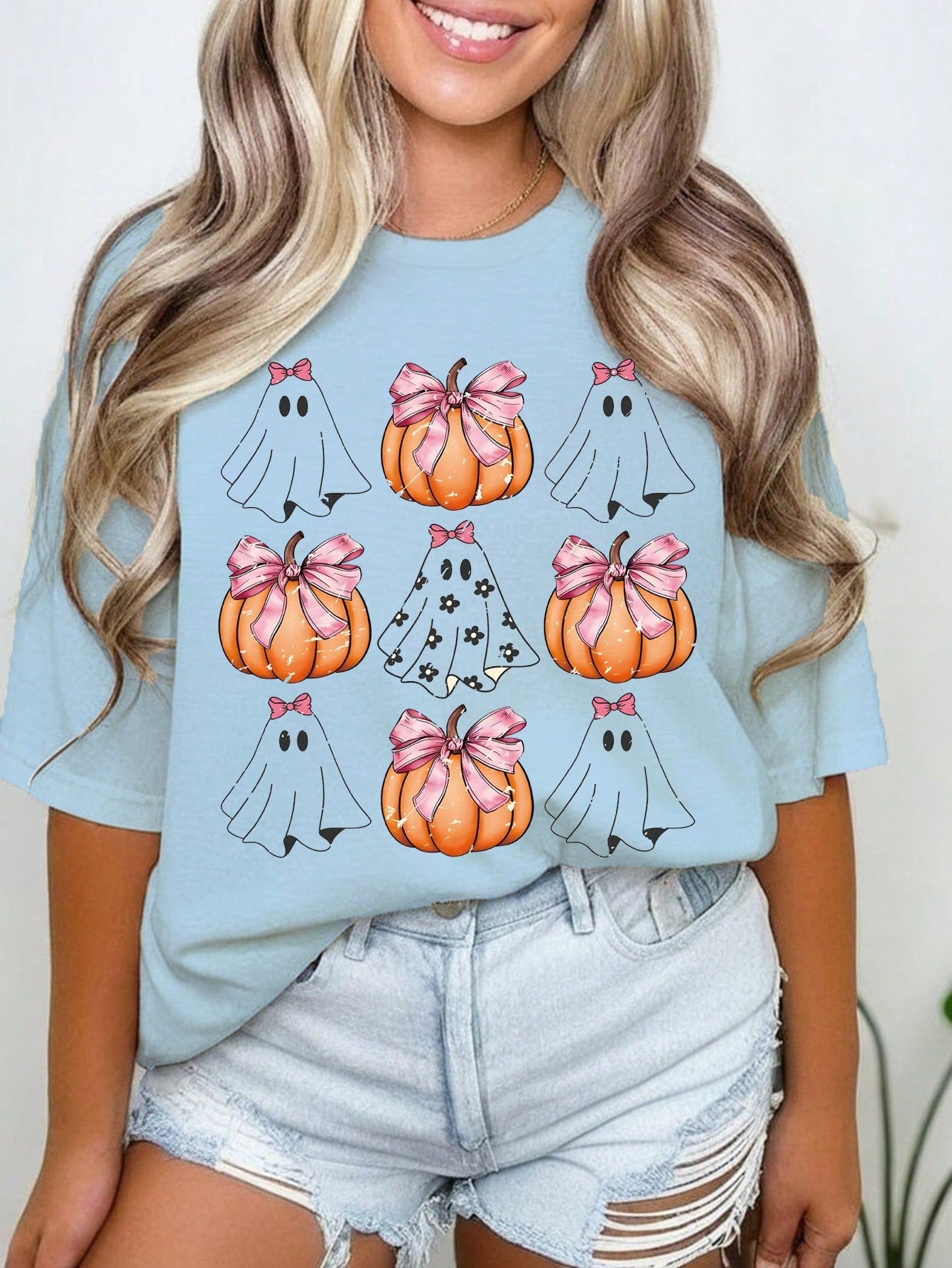 Plus Size Crew Neck Pumpkin Printed Short Sleeve Top, Casual Everyday Wear