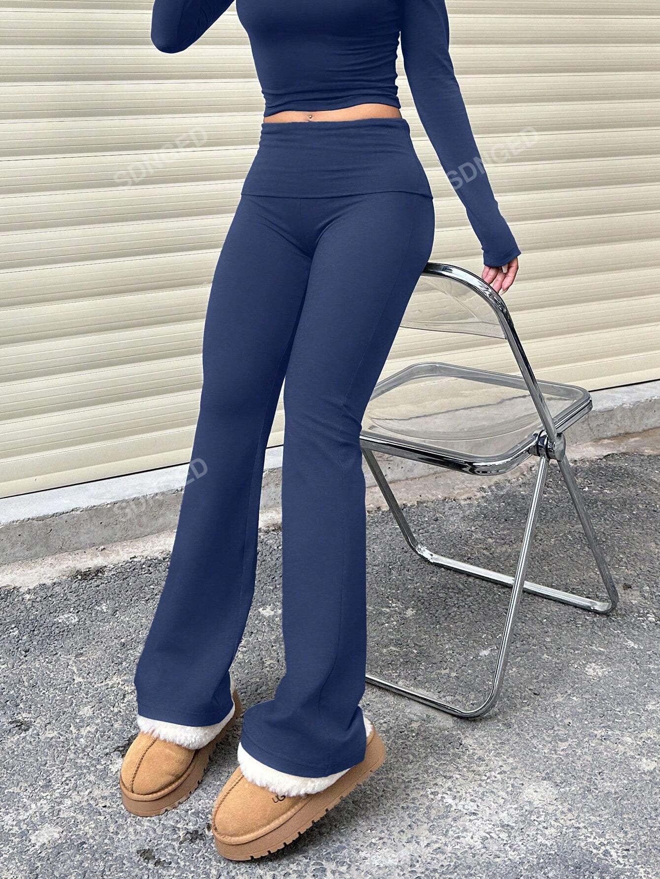 Women Casual Solid Color High Waisted Slim Fit Flared Bottom Pants