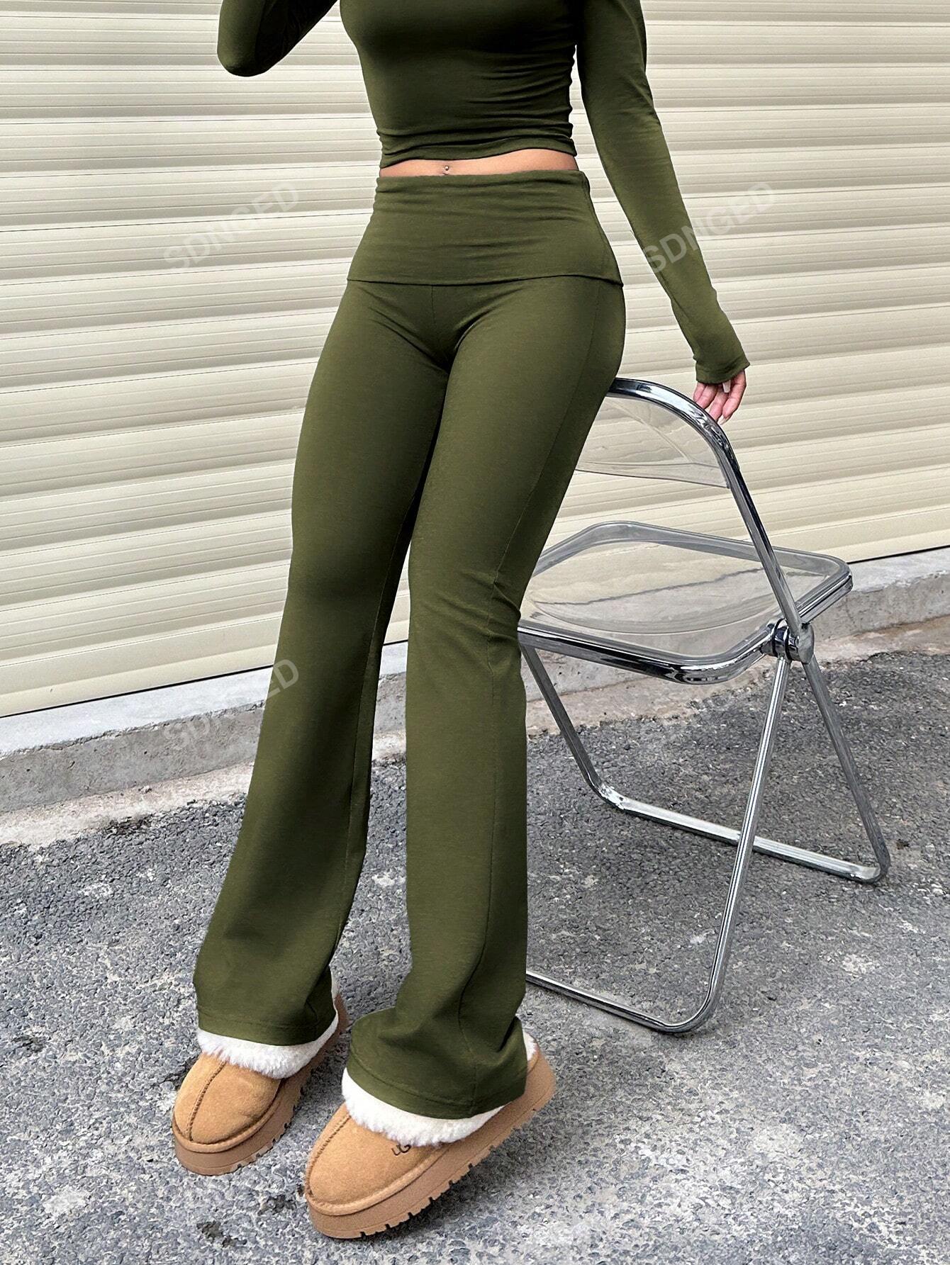 Women Casual Solid Color High Waisted Slim Fit Flared Bottom Pants