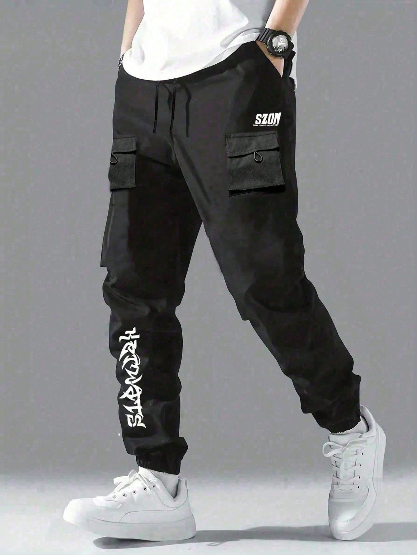 Tween Boy's Fashionable Casual Letter Printed Drawstring Waist Elastic Cuffed Cargo Pants, Back-To-School, Academy Style