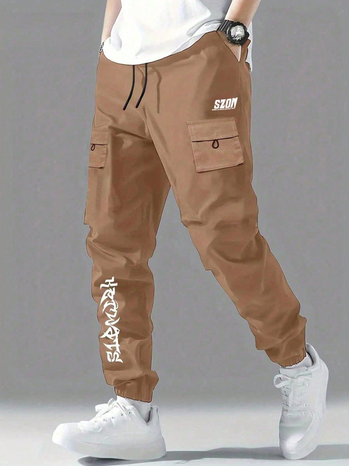 Tween Boy's Fashionable Casual Letter Printed Drawstring Waist Elastic Cuffed Cargo Pants, Back-To-School, Academy Style