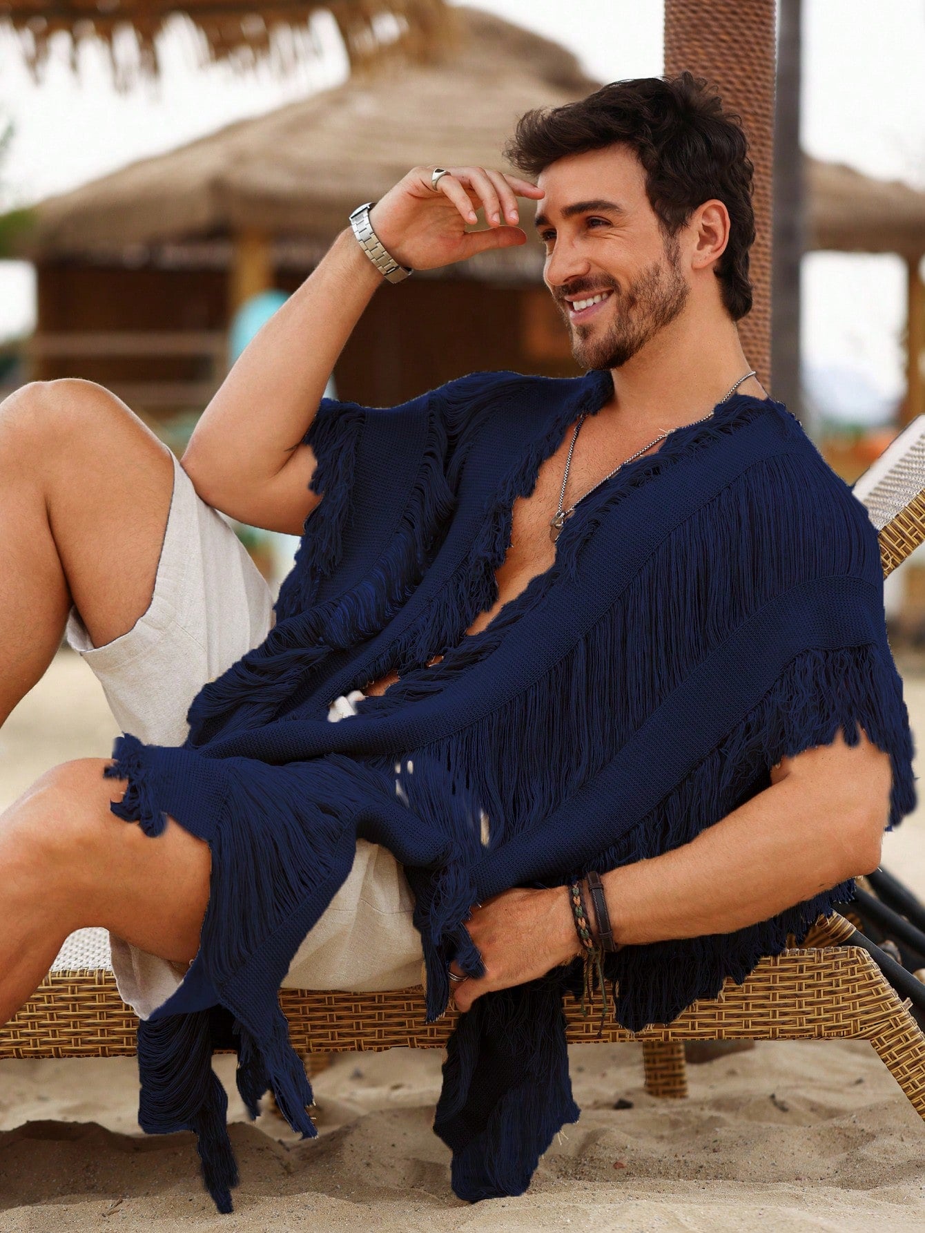 Men's Solid Color Fringe Cardigan Suitable For Vacation And Travel Accessories