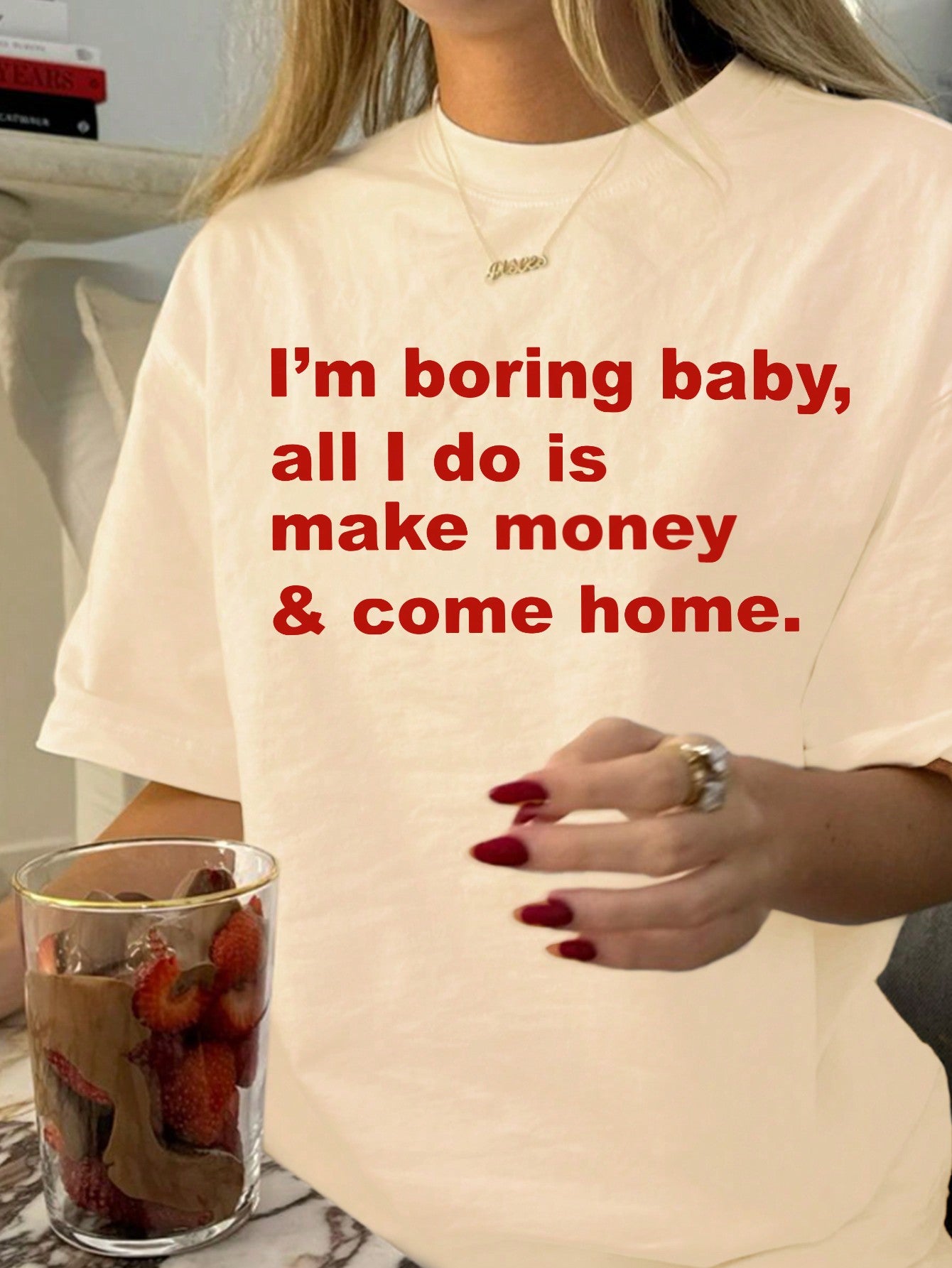 Plus Size Women's Summer Tee, Slogan Printed Round Neck Short Sleeve Casual T-Shirt I'm Boring Baby, All I Do Is Make Money  Come Home