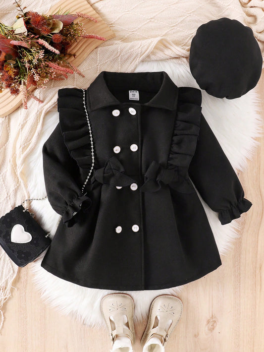 Young Girl Ruffle Trim Double Breasted Long Sleeve Wool Blend Coat For Autumn And Winter