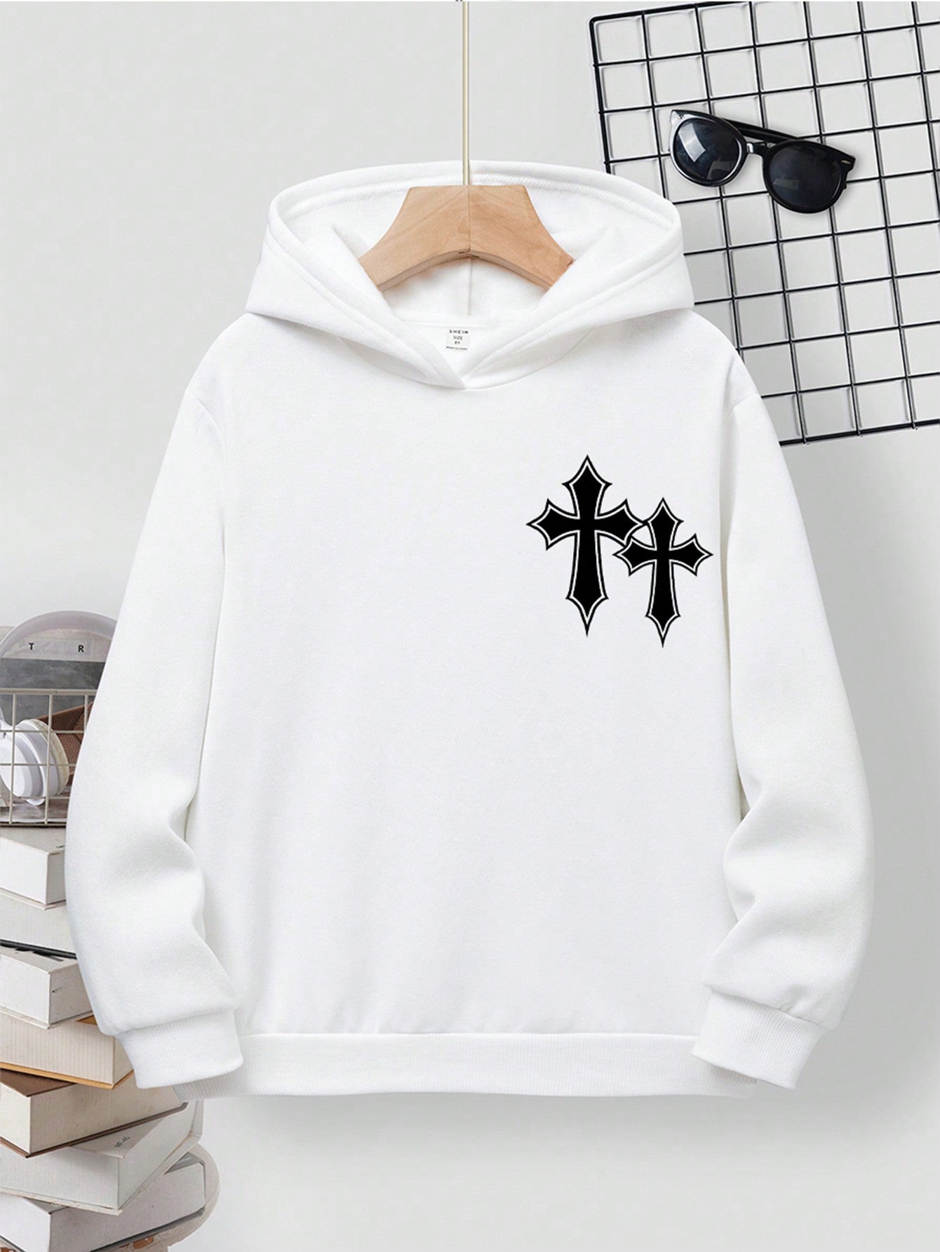 Faith, Cross Print, Jesus, Tween Boy Casual Minimalist Cartoon Cross Print Hooded Sweatshirt, Suitable For Autumn And Winter