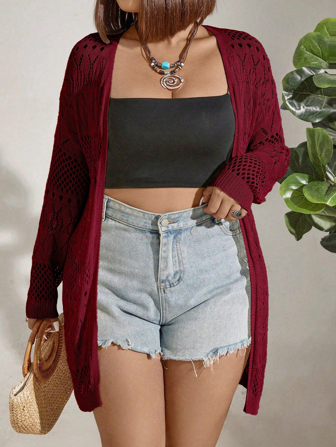 Plus Size Solid Color Knitted Hollow Out Cardigan