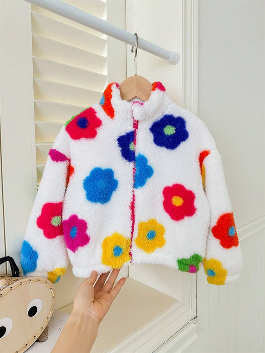 Young Girl's Knitted Fluffy Colorful Floral Stand Collar Loose Casual Jacket With Faux Fur