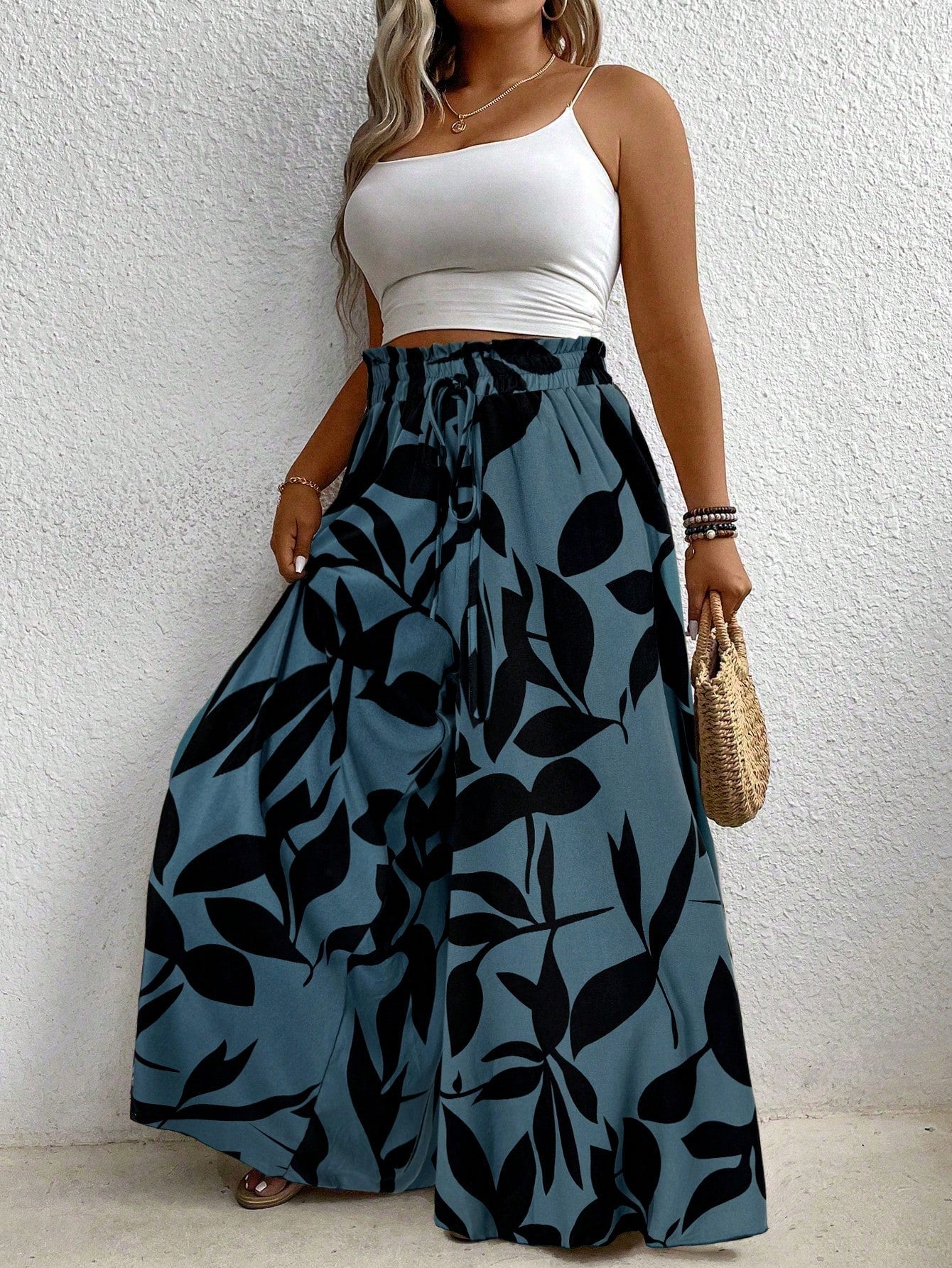 Plus Size Full-Print Elastic Waisted Tie Super Wide-Leg Pants Beach