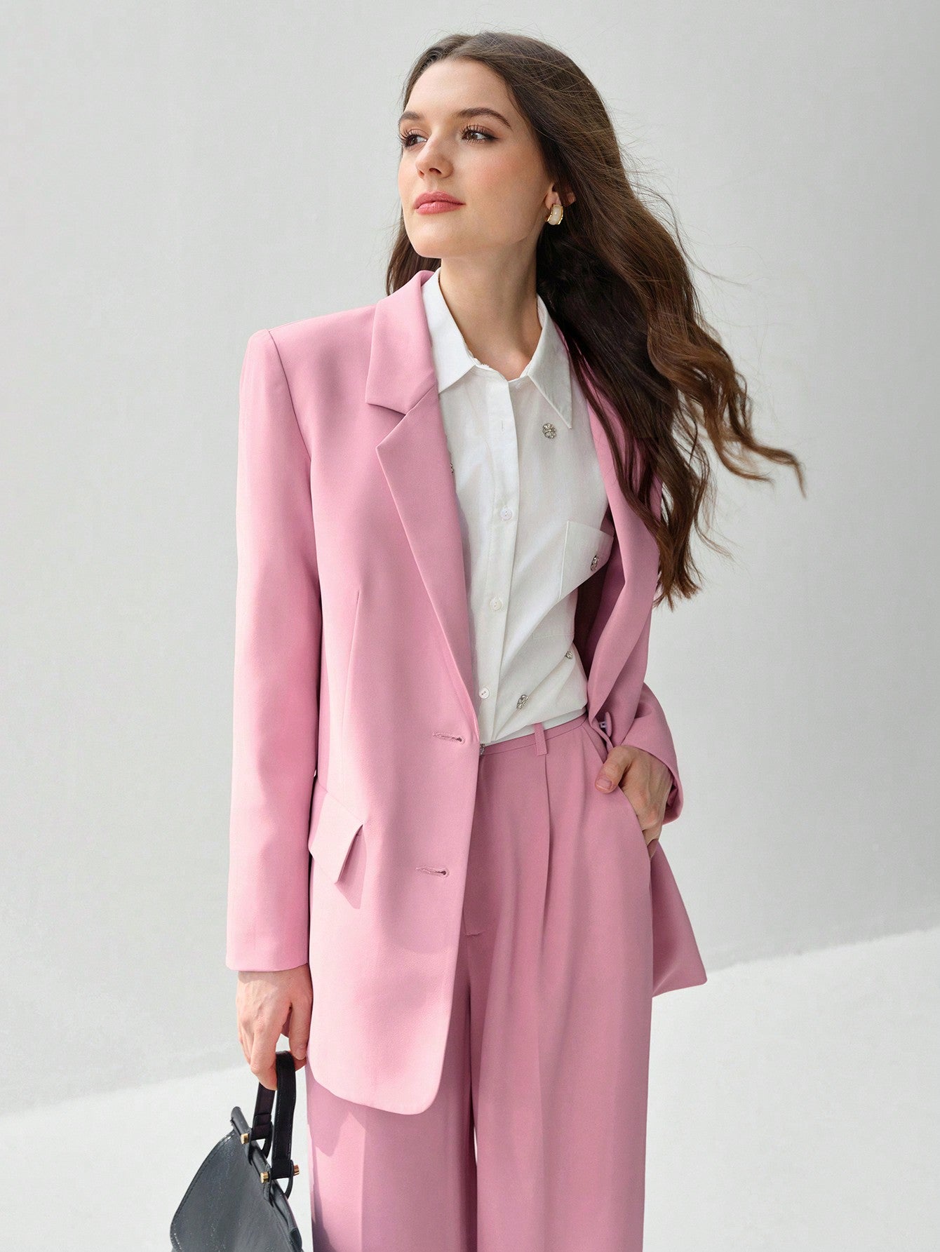 Enchnt Fall Office Wear Women's Solid Color Lapel Neck Long Sleeve Elegant Office Blazer Jacket