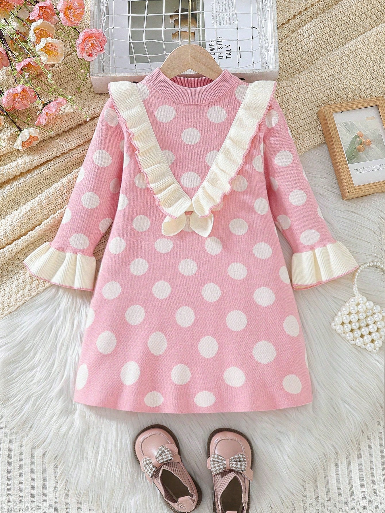 Young Girls' Sweet Polka Dot Ruffle Long Sleeve Sweater Dress, Warm & Fashionable, Suitable For Daily Wear, School, Outing In Autumn & Winter