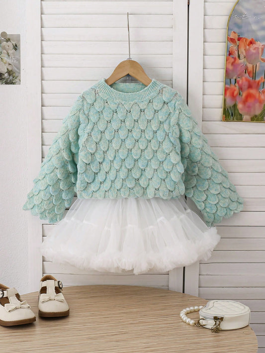 Young Girls' Sweet Casual Sweater With Fresh Light Green Knit, Soft Texture And Unique Design,  And Chic Top For Home And Daily Wear