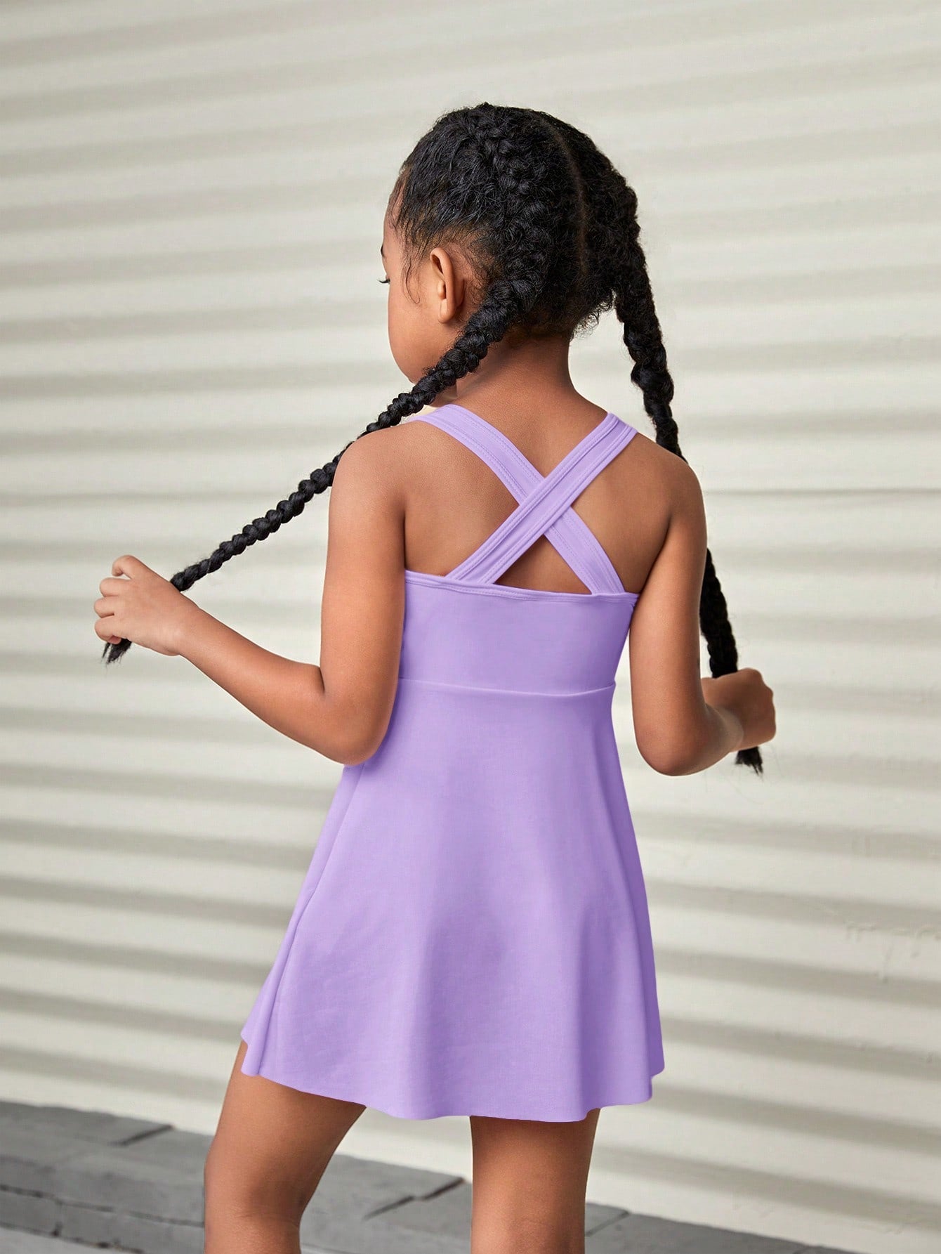 Young Girl Solid Color Tight Fit Knit Camisole Tennis Dress, Sportswear