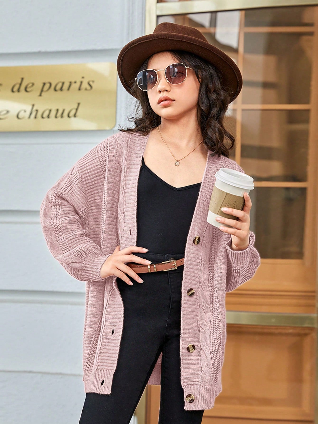 Tween Girl Autumn And Winter Solid Color Drop Shoulder Long Sleeve Single Breasted Casual Loose Cardigan