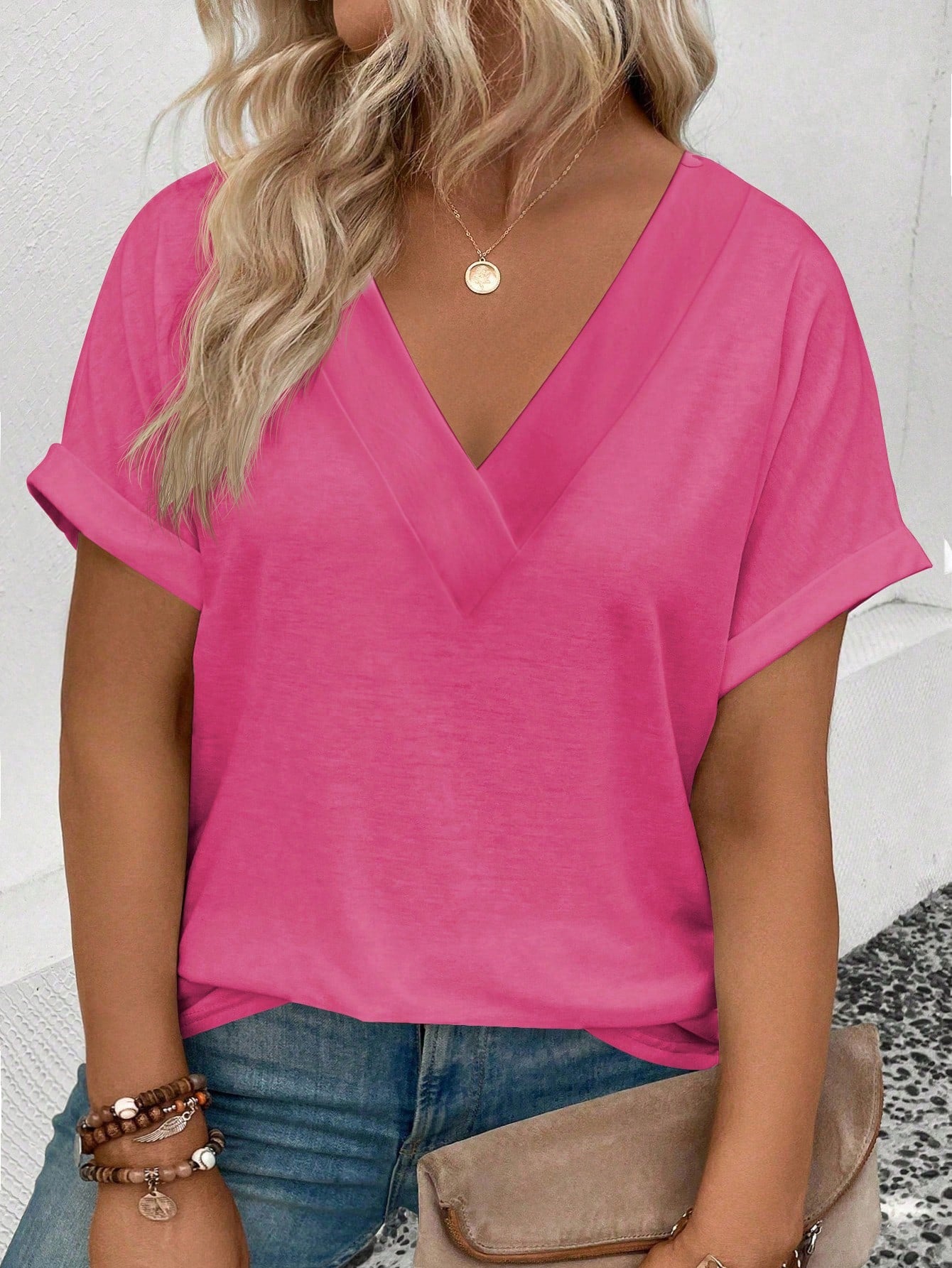 Summer Casual V-Neck Turn-Up Cuff Solid Color Plus Size T-Shirt