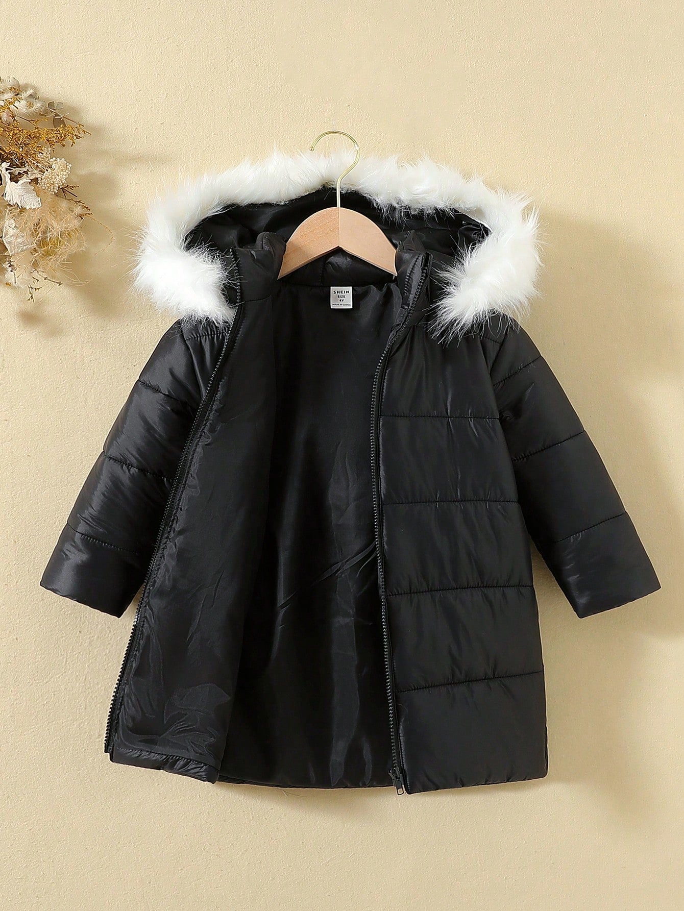 1pc Young Girl Casual Black Quilted Hooded Padded Coat With Fluffy White Trim, Winter