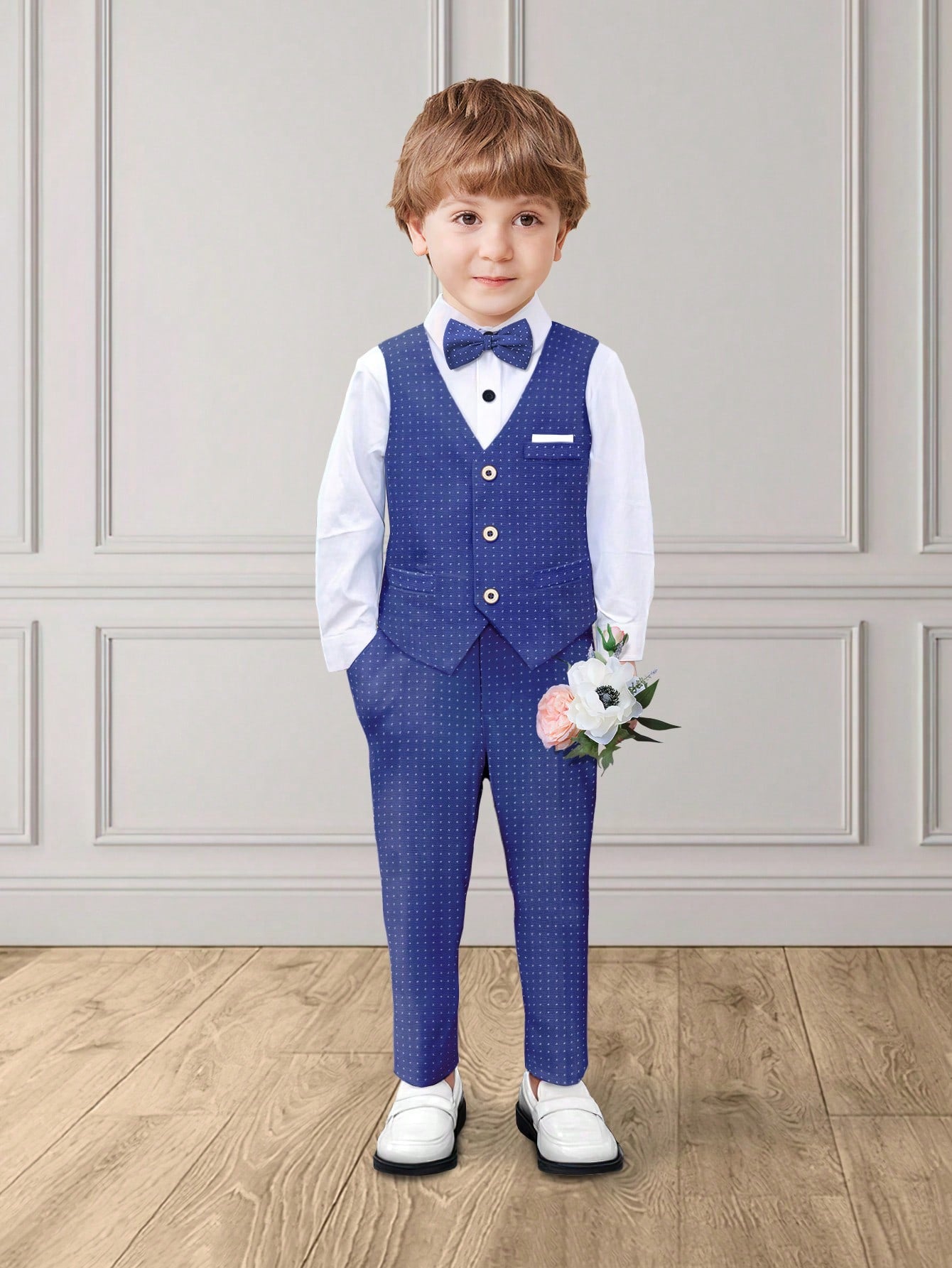 Young Boy 2024 New School Gentleman Suit Set, Children's White Shirt+Vest+Bow Tie+Pants 4-Pcs, Boys' College Style Performance/Wedding/Festival Formal Dress