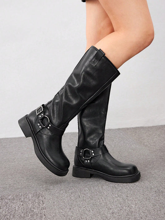 Women's Buckle Decorated Round Toe Fashion PU Leather Black Combat Boots For Outdoor Wear For Summer Vacation Shoes Summer Sale Elegant Business Casual Business Chic Halloween