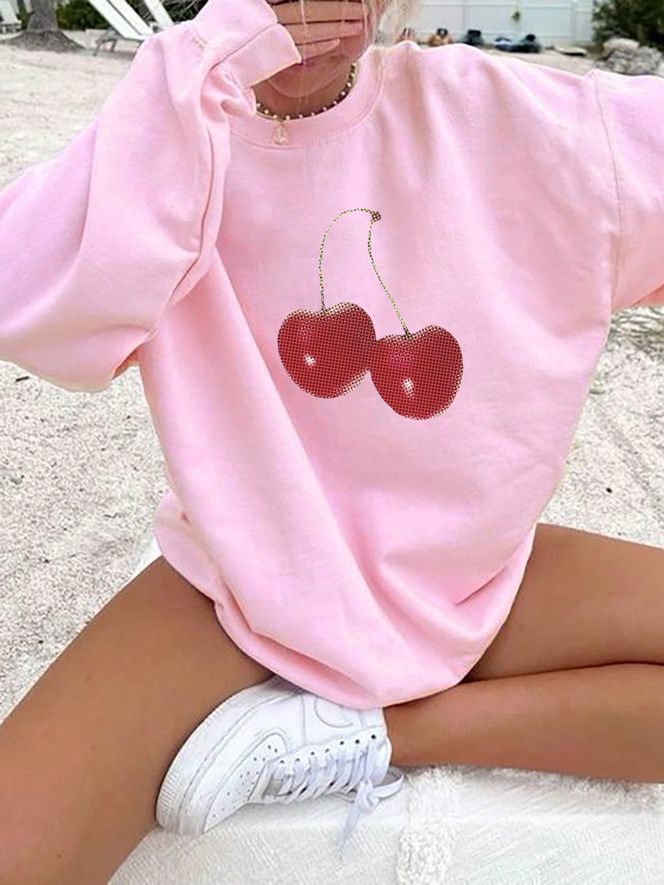 Cherry Printed Round Neck Casual Sweatshirt With Drop Shoulder