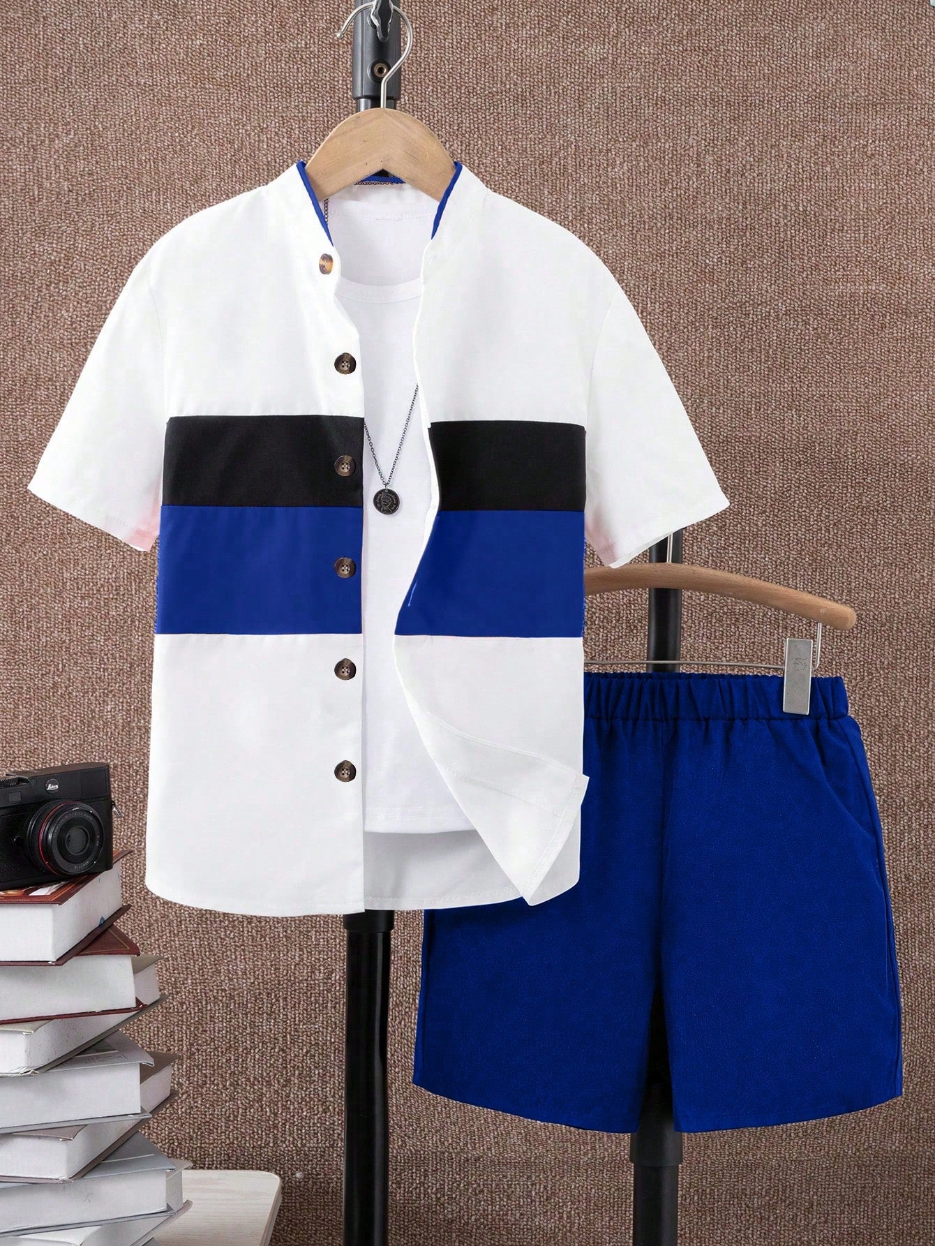 2pcs Tween Boys' College Style Short Sleeve Shirt And Shorts Set Color Block