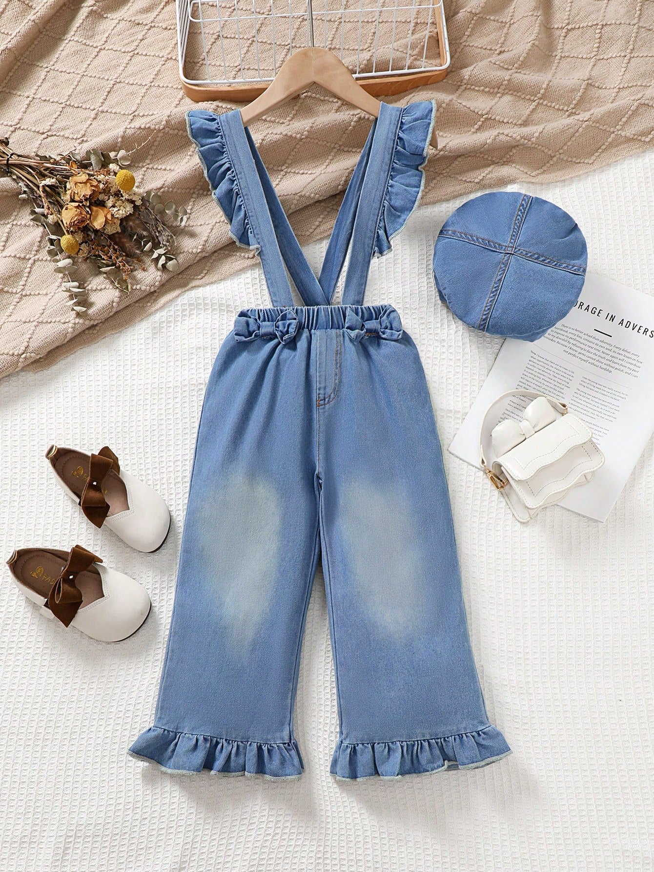 Young Girls' Casual Bowknot Denim Bib Pants + Hat Set