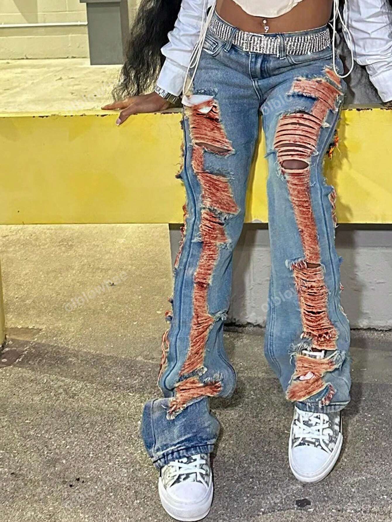 Y2K Street Distressed Frayed Ripped Raw Cut Out Slant Pocket Slim-Fit Flare Leg Jeans Boyfriend Denim Pants