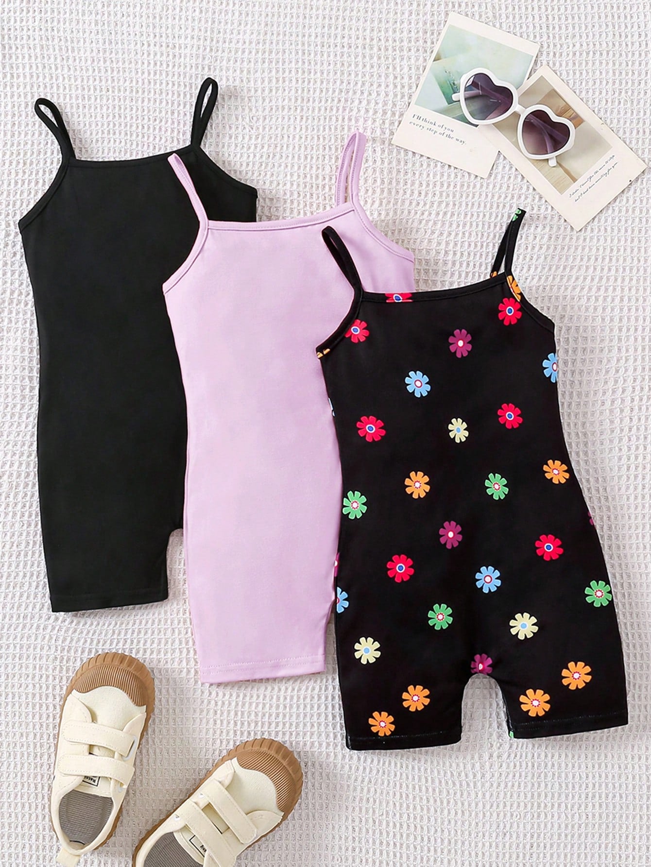 Young Girl Knitted Solid Color Cami Romper With Colorful Flower Pattern Knitted, 3pcs/Set