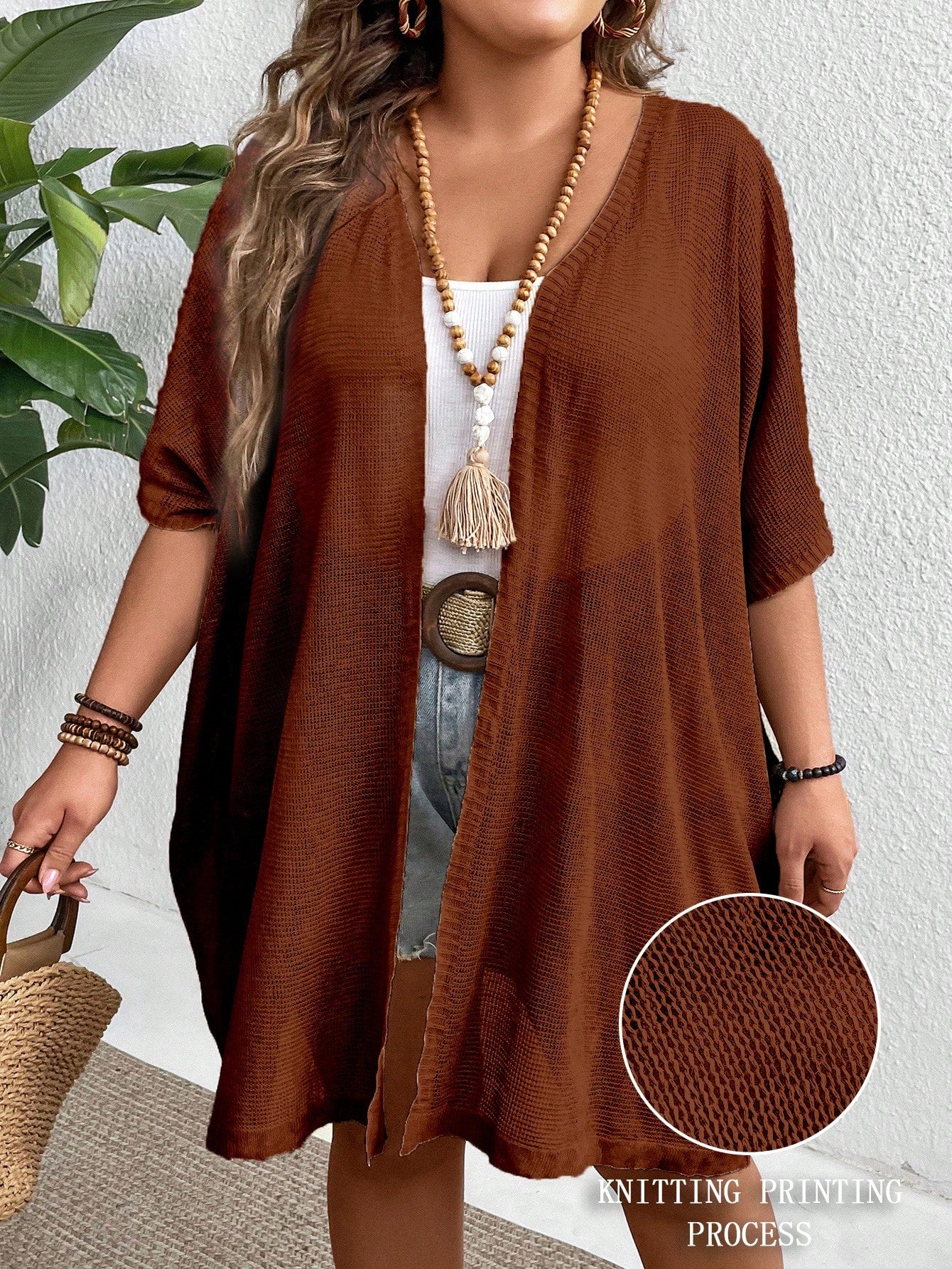 Plus Size Solid Color See-Through Sweater Cardigan With Half Sleeves