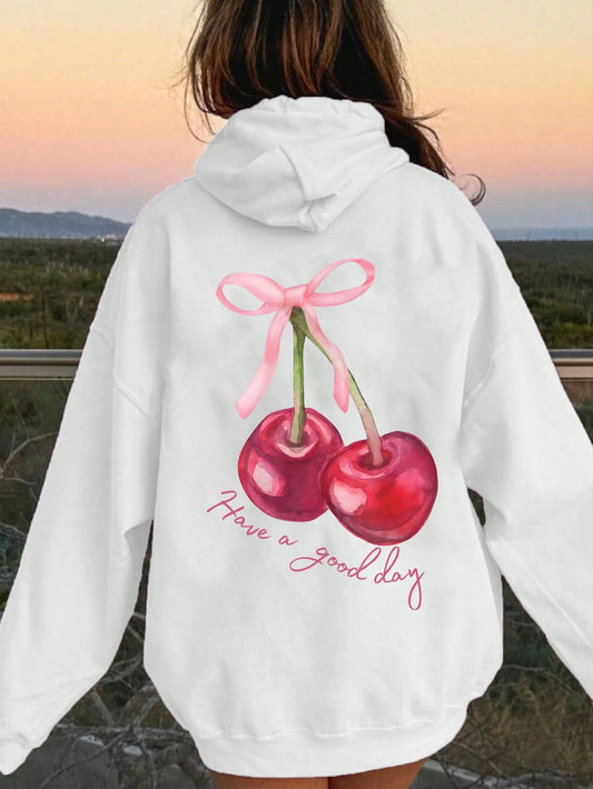 Coquette Cherry Hoodie - Have A Nice Day, Hoodie With Text At Back, Coquette Bow Hoodie, Fashionable Ribbon Hoodie, Cute Coquette Pullover Hoodie