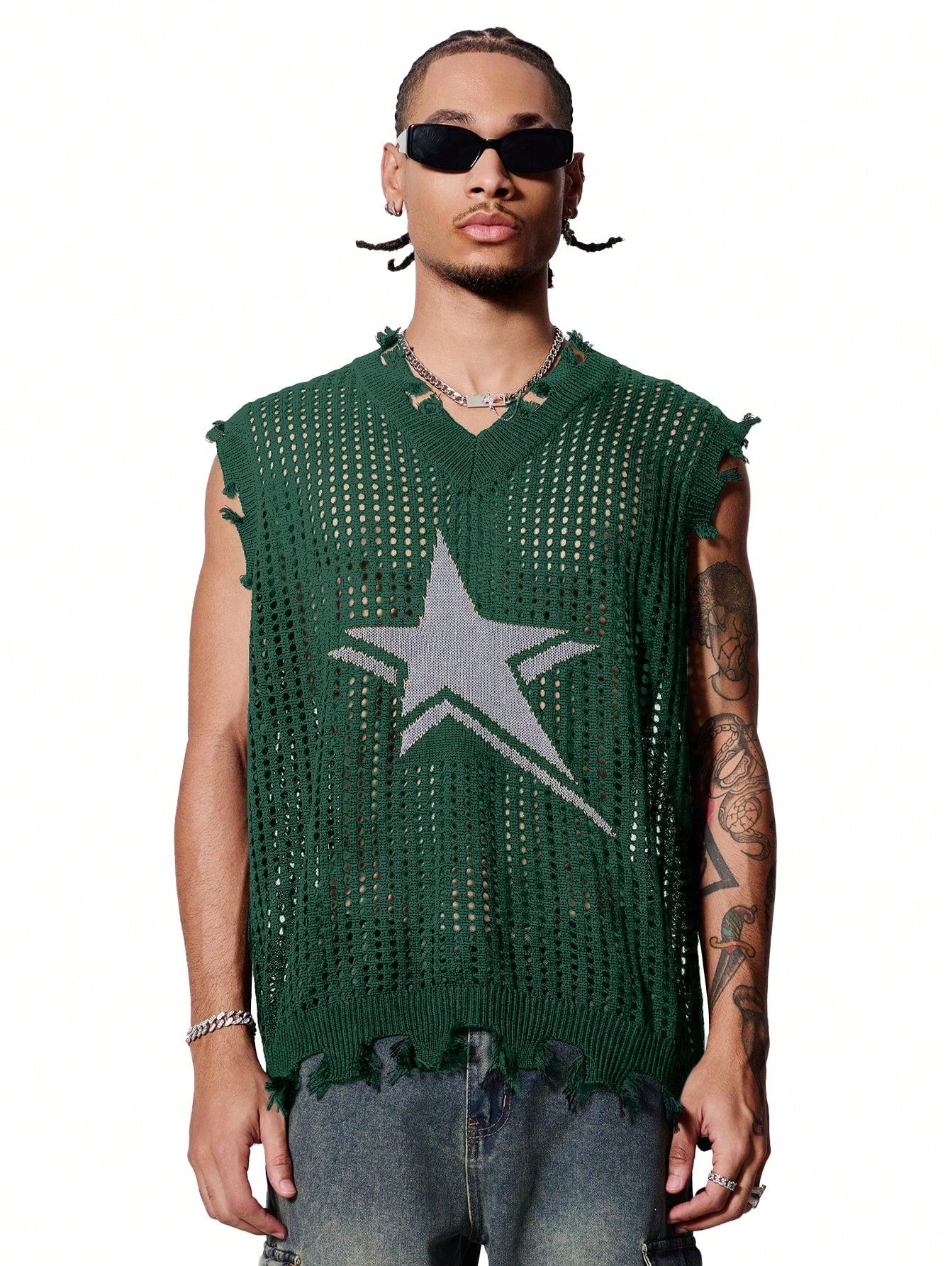 Men's V-Neck Star Pattern Knitted Sleeveless Top With Hollow Out Design