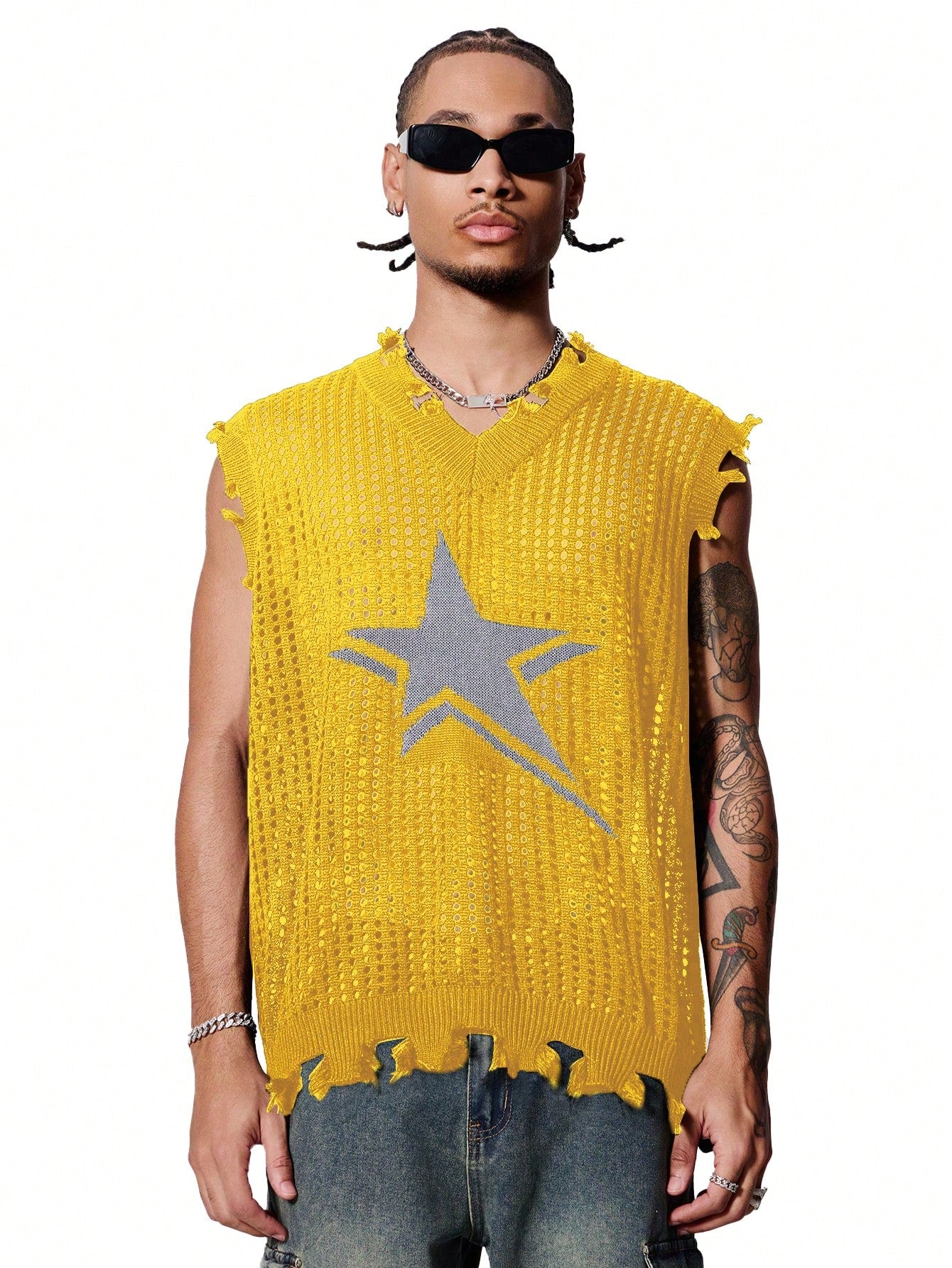 Men's V-Neck Star Pattern Knitted Sleeveless Top With Hollow Out Design