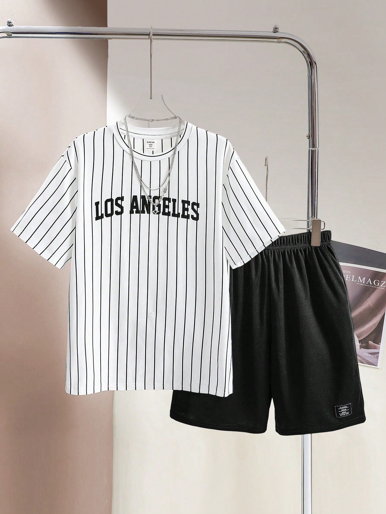 Tween Boys' Casual Street Style Letter Printed Striped Round Neck Short Sleeve T-Shirt And Solid Color Knitted Shorts Two-Piece Outfit