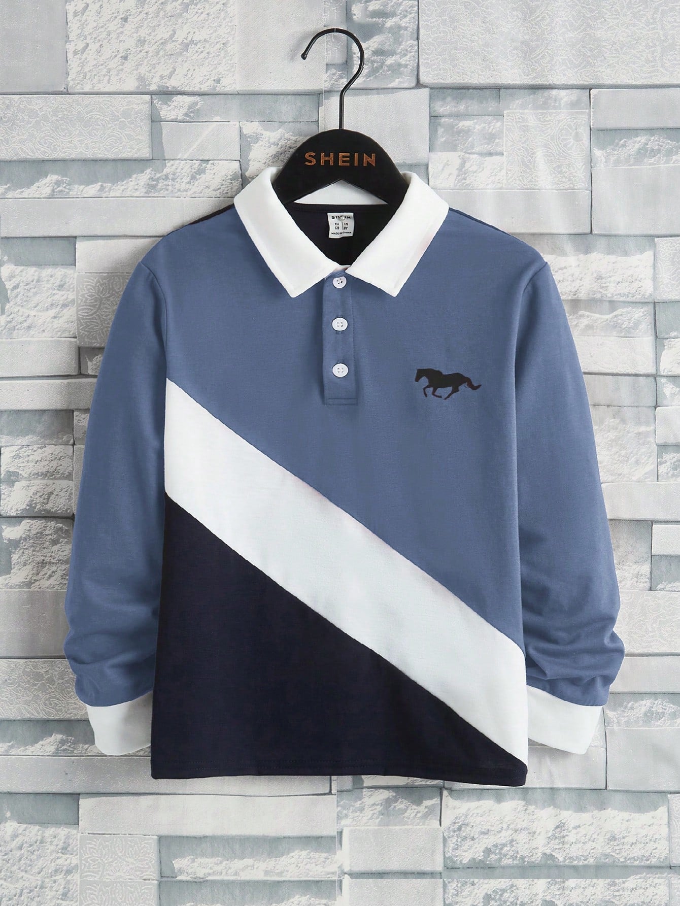 Tween Boys' Colorblock Polo Shirt With Horse Print, Long Sleeve, Lightweight, For Daily Wear In Fall And Winter