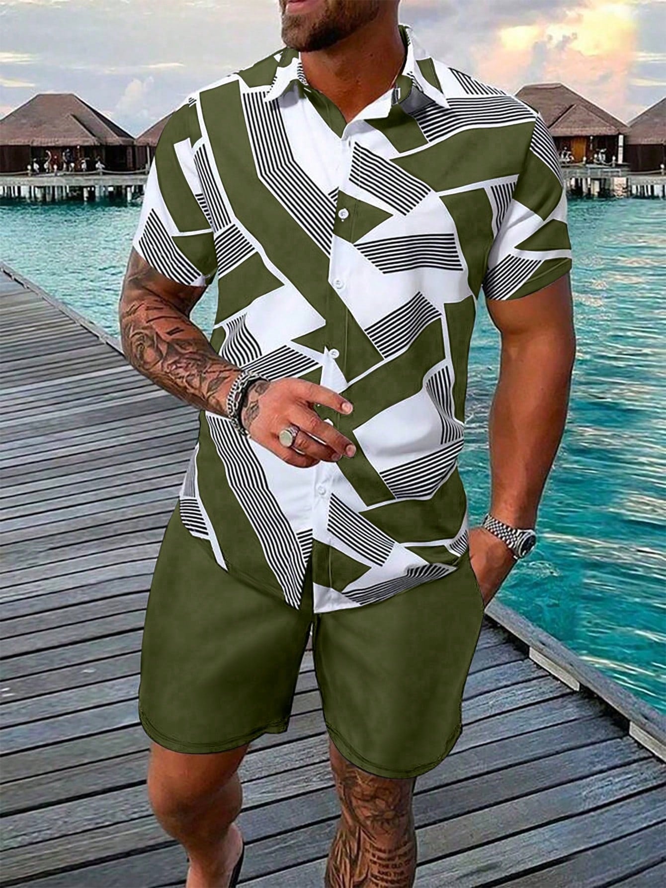 Men's Plus Size Striped & Printed Short Sleeve Shirt And Shorts Set, Summer (Random Cutting)