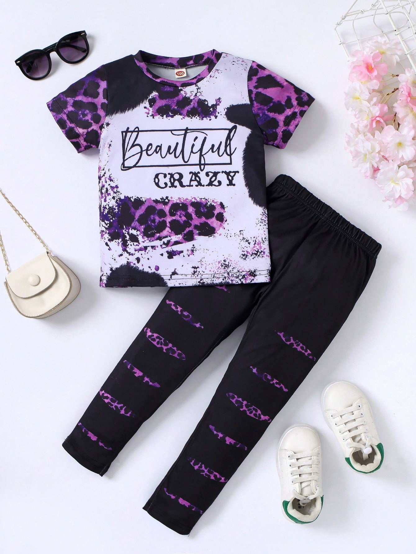 2pcs Young Girl Casual Style Letter & Leopard Print Short-Sleeve Knitted T-Shirt And Long Pants Set, Spring/Summer