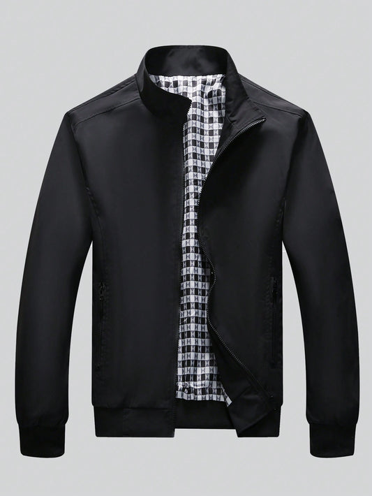 Plus Size Men's Plaid Print Lined Long Sleeve Jacket & Coat