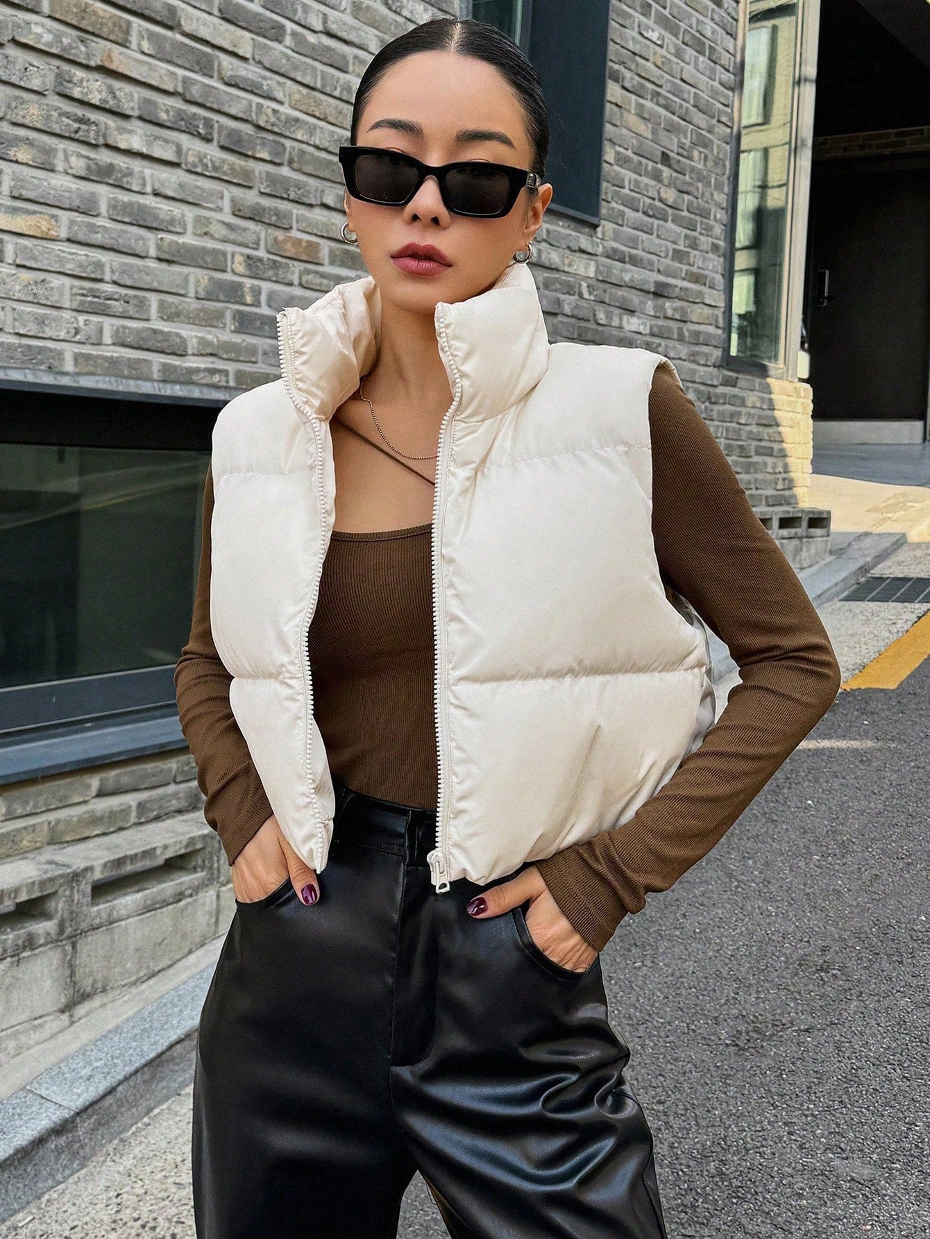 Zip Up Crop Vest Puffer  Thick Coat