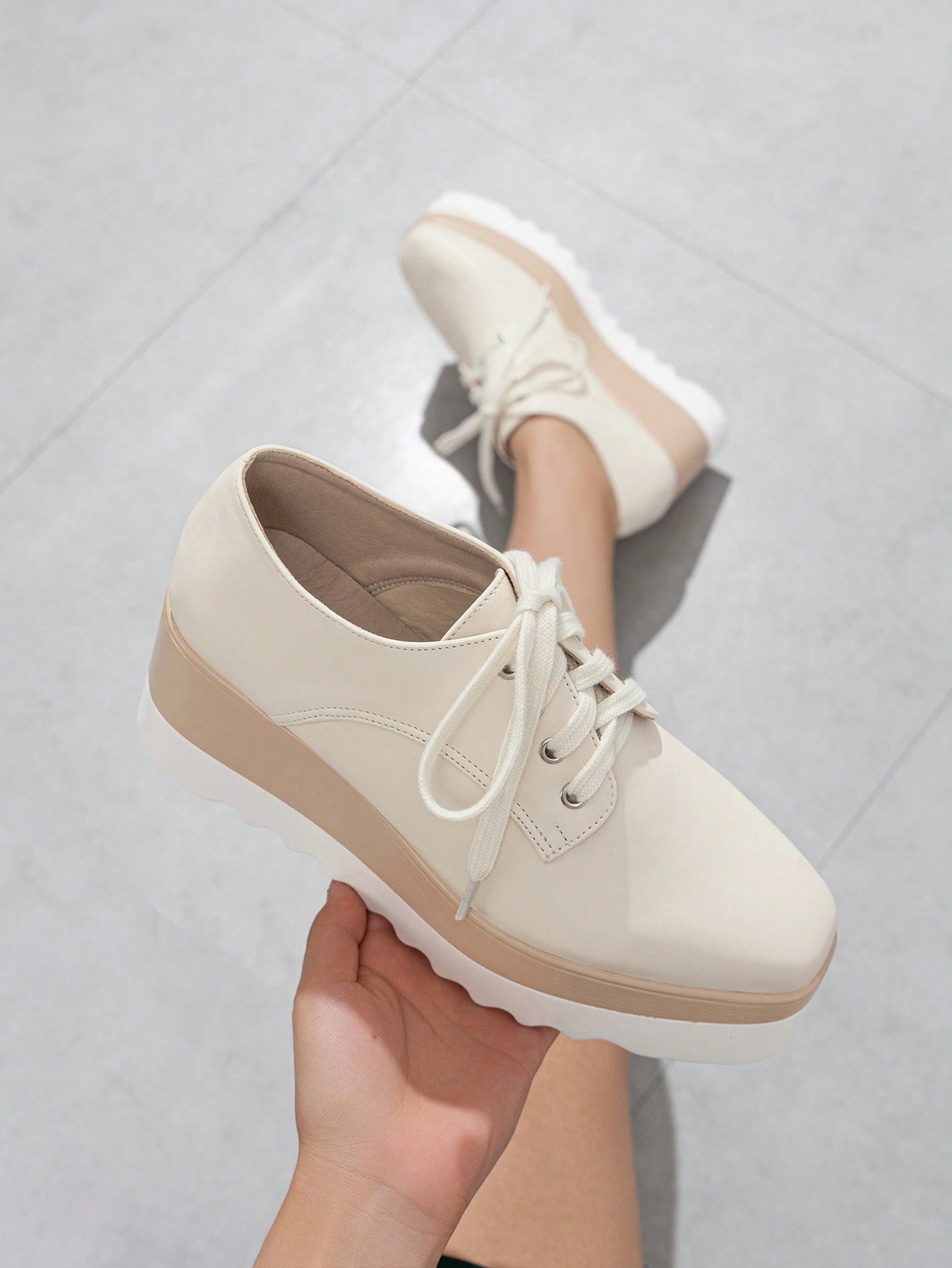 Women White Lace-Up Thick Sole Casual Sneakers, Everyday Wear, College, Wedge Shoes, Fashion Shoes