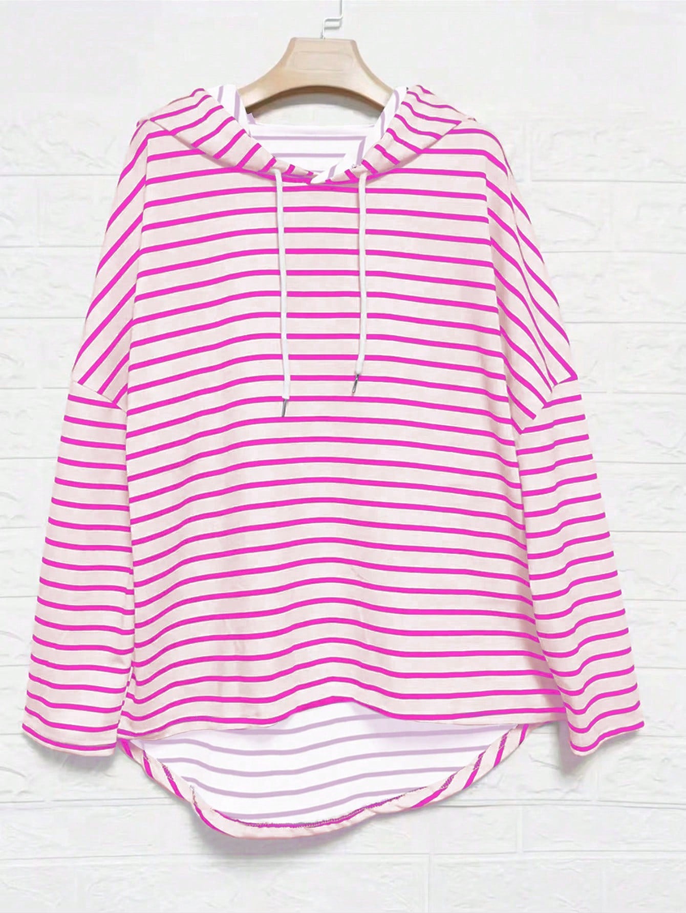 Women Plus Size Striped Drop Shoulder Long Sleeve Loose Fit Hoodie For Spring And Autumn