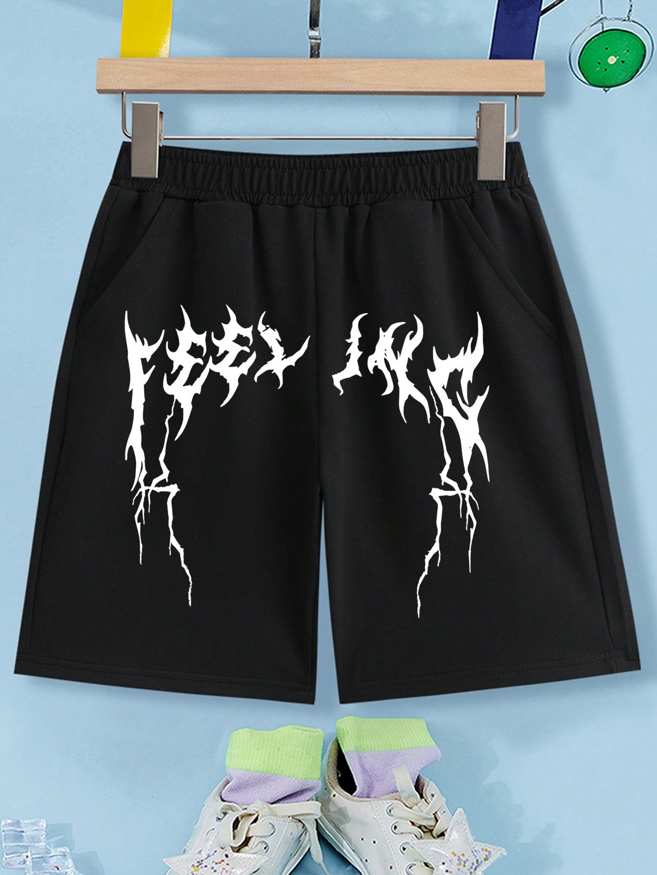 Tween Boy Elastic Waist Shorts With Letter And Cross Printed Detail