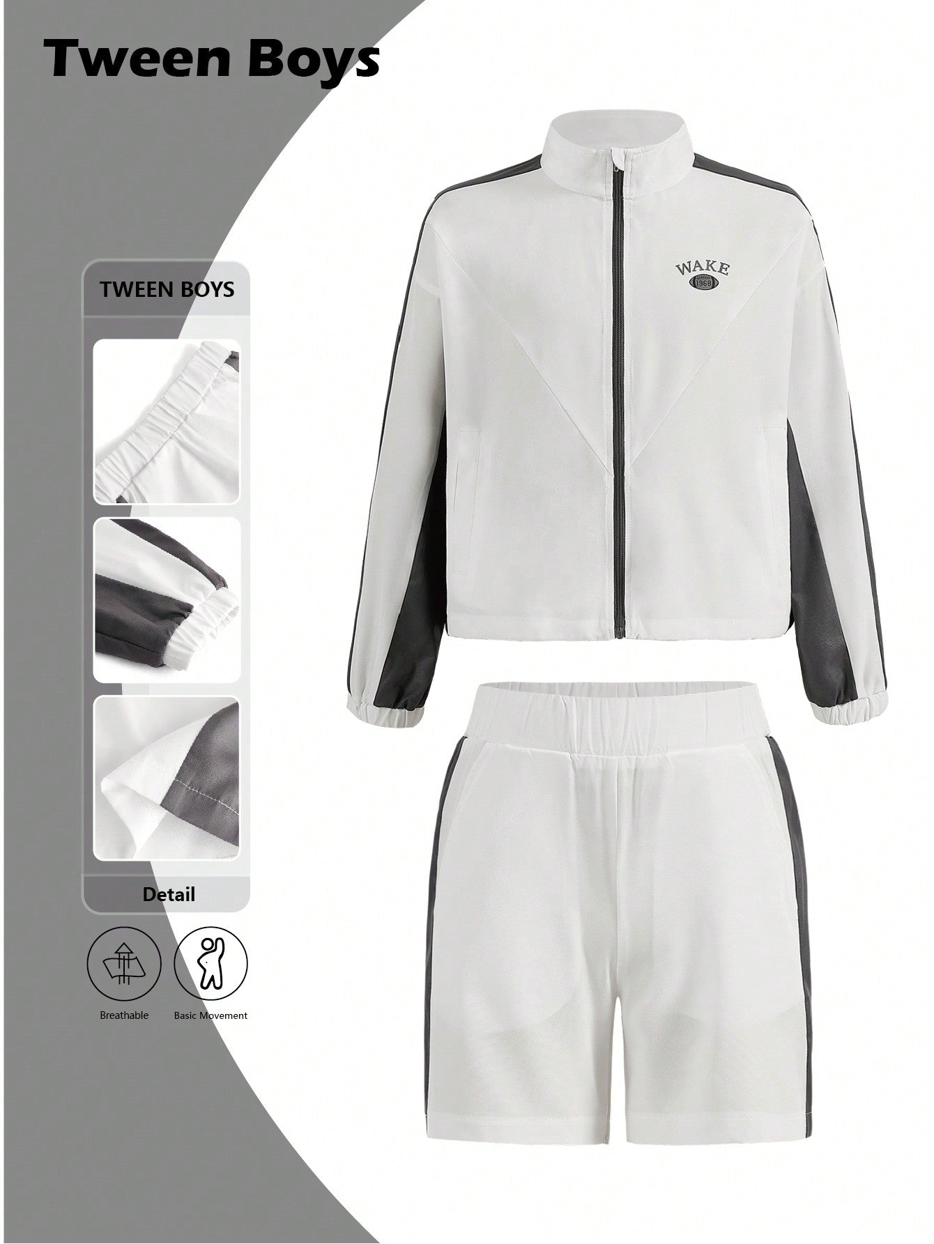 Boys' Loose Fit White & Contrast Color Rugby Style Campus Fashion Sporty Jacket And Shorts Set