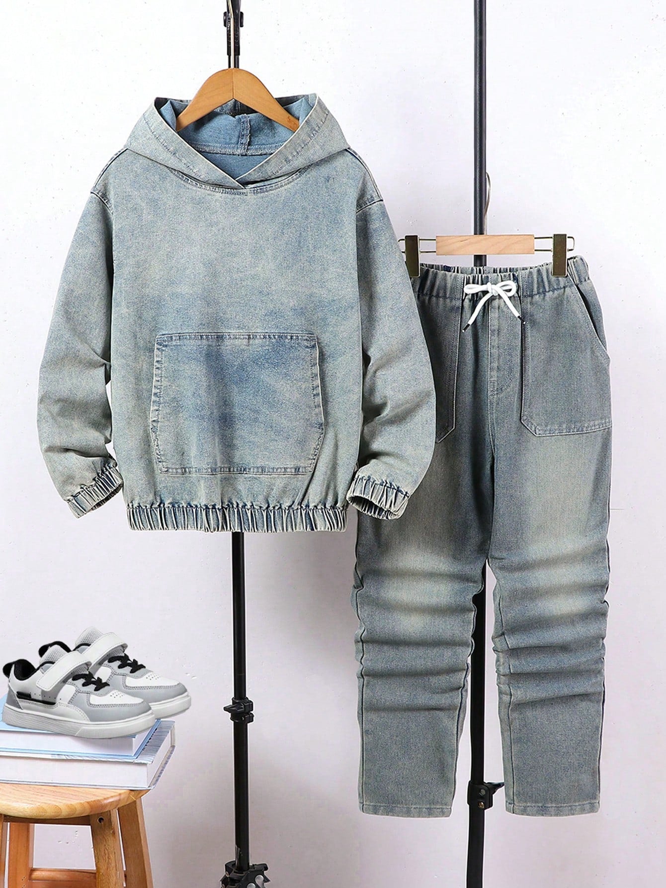 Teenage Boys' Hooded Washed Distressed Denim Sweatshirt Set