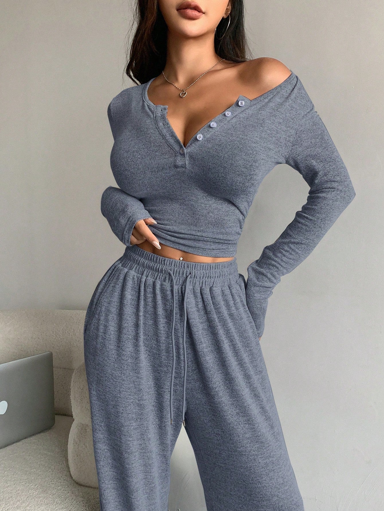 Women's Solid Color Button Placket Long Sleeve T-Shirt And Pants Two-Piece Set