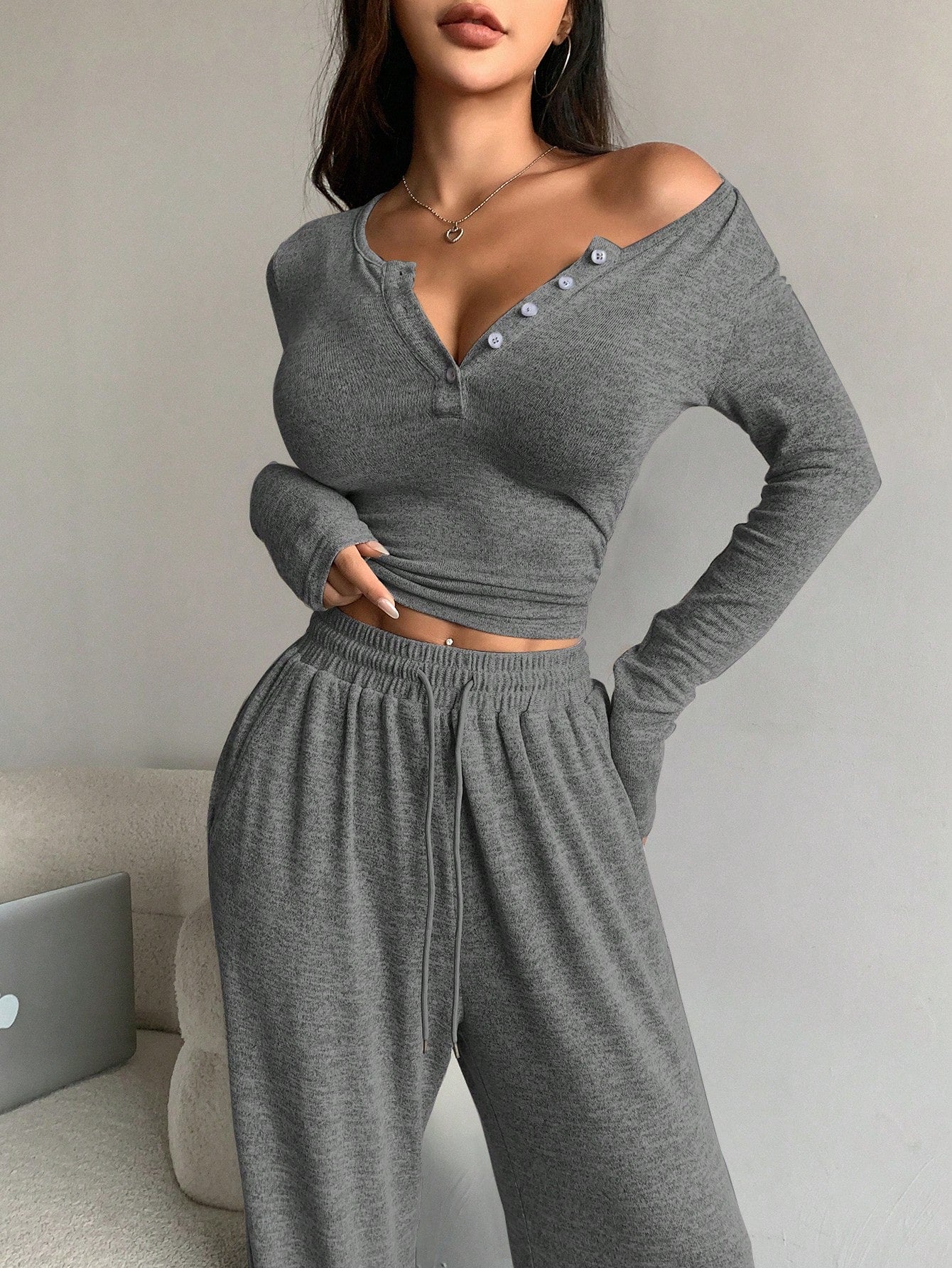 Women's Solid Color Button Placket Long Sleeve T-Shirt And Pants Two-Piece Set