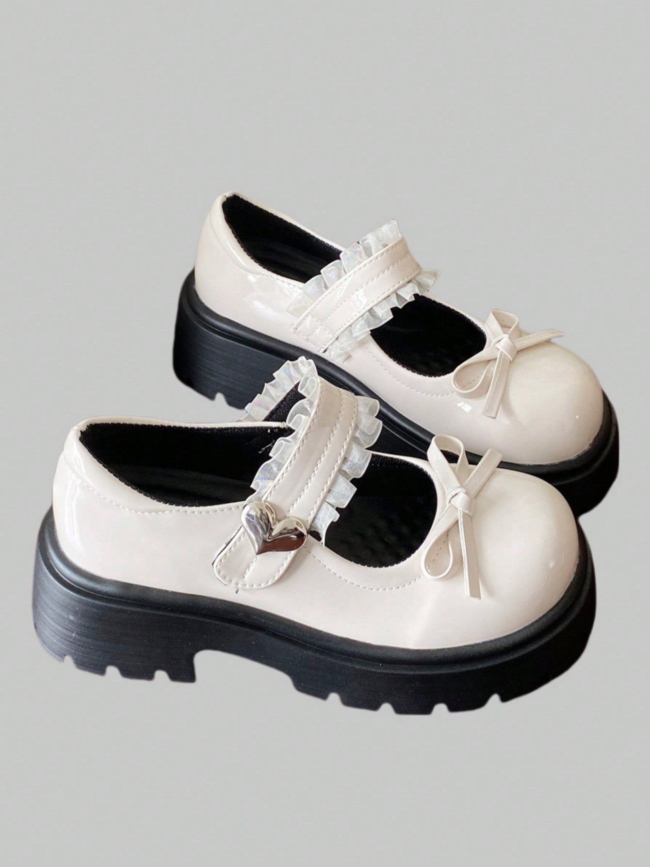 Hook-And-Loop Mary Jane School Shoes For Female Students, Spring & Autumn, Patent Leather, Bowknot, Heart Ornament, Platform Sole