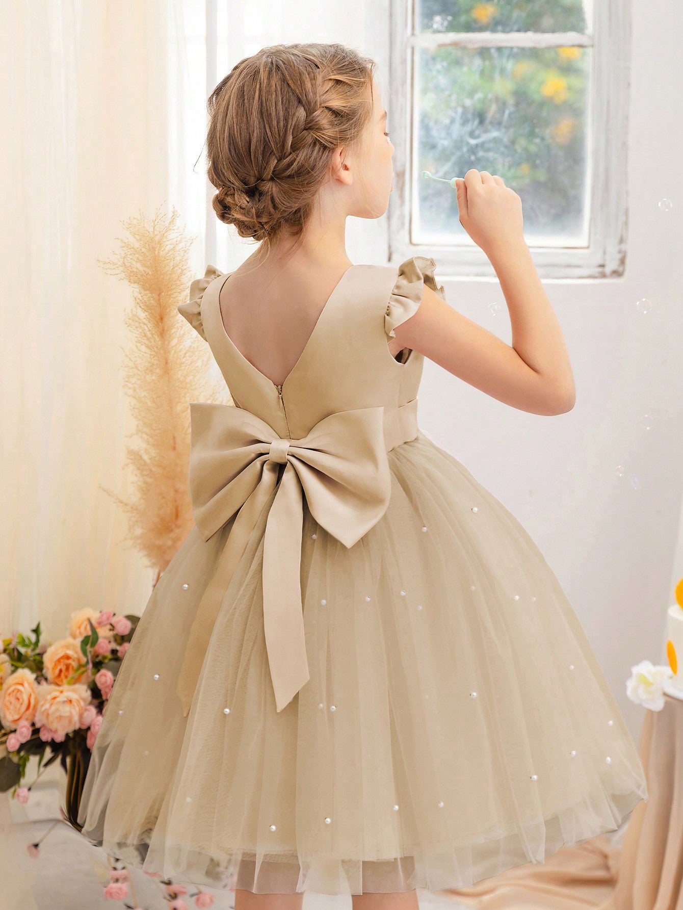 Young Girl Flutter Sleeve Tulle Formal Dress, Suitable For Birthday Party, Dance Party, Casual, Daily Wear, Musical Performance, And Stage Costume